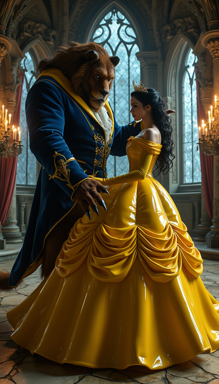 A breathtaking portrait of Belle from Beauty and the Beast, reimagined in a dark, gothic aesthetic, alongside the classic Beast. Belle stands as the focal point, exuding regal yet haunting beauty, dressed in a striking yellow latex ballgown with a polished, reflective sheen that captures faint candlelight, highlighting every dramatic curve and fold of the voluminous, floor-sweeping skirt. Her opera gloves, made of shiny white latex, create a stark contrast, their smooth texture reflecting subtle highlights that draw the eye. Belle's long black hair cascades in elegant, voluminous curls, adorned with a crown of intricately detailed roses, framing her face with timeless sophistication. Her bold, shiny black lips mirror the gown's luster, while heavy dark makeup—deep smoky eyeshadow and razor-sharp eyeliner—intensifies her mysterious, piercing gaze. By her side, the Beast stands in his classic form, towering and imposing, with matted fur, sharp claws, and a rugged, yet noble demeanor, his eyes reflecting a mix of ferocity and sorrow, complementing Belle’s enigmatic aura.

The scene unfolds in a grand, dimly lit gothic ballroom, steeped in decay and opulence. Towering arched windows, draped in tattered, deep crimson velvet curtains, allow slivers of cold, bluish moonlight to filter through, casting ethereal patterns on the cracked, weathered marble floors. Flickering chandeliers overhead emit a warm, wavering glow, creating eerie shadows that dance across intricate, crumbling stone walls adorned with faded gothic carvings. The composition centers on Belle, positioned slightly turned to the side, her posture commanding and poised, with the Beast standing protectively close, his massive frame adding a sense of raw power to the frame. The camera is angled low, emphasizing Belle’s towering presence and the dramatic height of her gown, while also capturing the Beast’s imposing stature, framing both figures against the cavernous, shadowy ballroom.

The mood is somber and enigmatic, steeped in melancholic elegance, with a haunting interplay of light and shadow. The cold moonlight blends with the warm, flickering candlelight, creating a cinematic contrast that enhances the textures of latex, fur, and stone. The atmosphere evokes a sense of timeless tragedy, as if frozen in a moment of forbidden romance. Rendered in a hyper-realistic style with cinematic quality, inspired by gothic romanticism and high-fashion photography, with meticulous attention to detail—every gleam of latex, every strand of fur, every crack in the marble floor—and dramatic lighting contrasts that heighten the depth and emotion of the