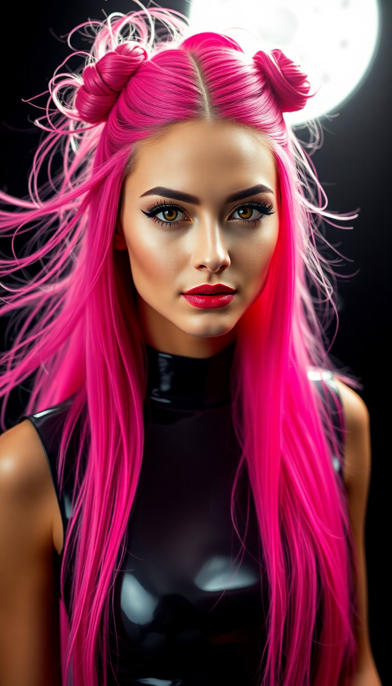 ((full body)) A (((woman with long, flowing pink hair))), its locks artfully arranged in ((small buns)) at the top of her head, framing a face that exudes confidence and allure. She's dressed in a ((latex tight dress)) with intricate details at the neckline, reflecting the light in a (vividly detailed backdrop) for a high-resolution, advanced fashion photograph