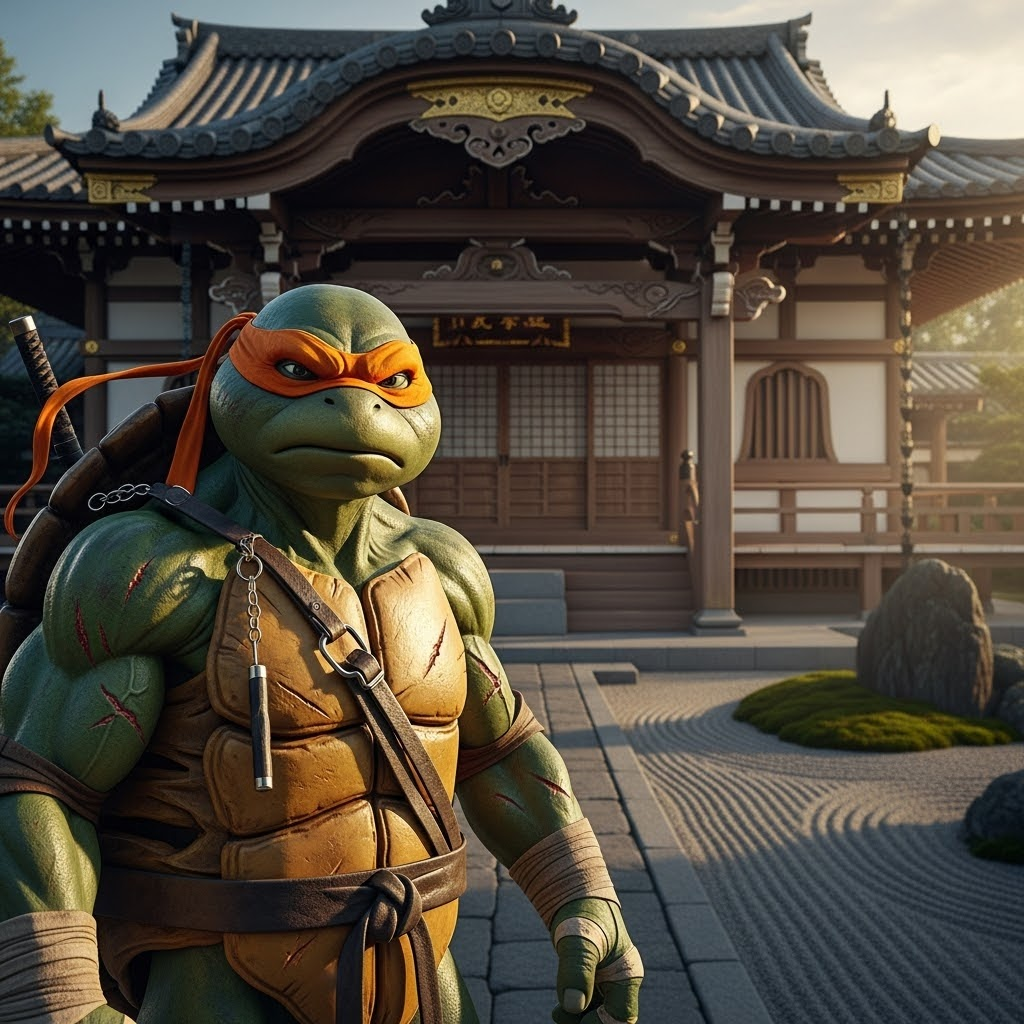A hyper-realistic photograph of a Ninja Turtle, specifically Michelangelo, standing confidently in front of a traditional Japanese dojo. The Ninja Turtle is depicted in vivid detail, with a vibrant orange mask, nunchucks holstered on his shell, and a weathered, textured green skin that shows battle scars and wear. His muscular build and determined expression are highlighted by dramatic natural lighting, with soft golden hour sunlight casting long shadows across the scene. The dojo behind him is an authentic wooden structure with intricate carvings on the sliding doors, a tiled roof, and a serene zen garden to the side featuring raked gravel and moss-covered stones. The composition is framed from a low angle, emphasizing the Turtle's imposing presence against the dojo's elegant architecture. The mood is intense yet serene, evoking a sense of readiness for battle combined with the tranquility of a martial arts sanctuary. The atmosphere reflects early evening, with a warm amber sky and subtle mist lingering in the background, adding depth and mystique to the scene. Captured with a shallow depth of field, the Ninja Turtle is in sharp focus while the dojo and surroundings have a gentle bokeh effect, shot in a cinematic style reminiscent of classic martial arts films.