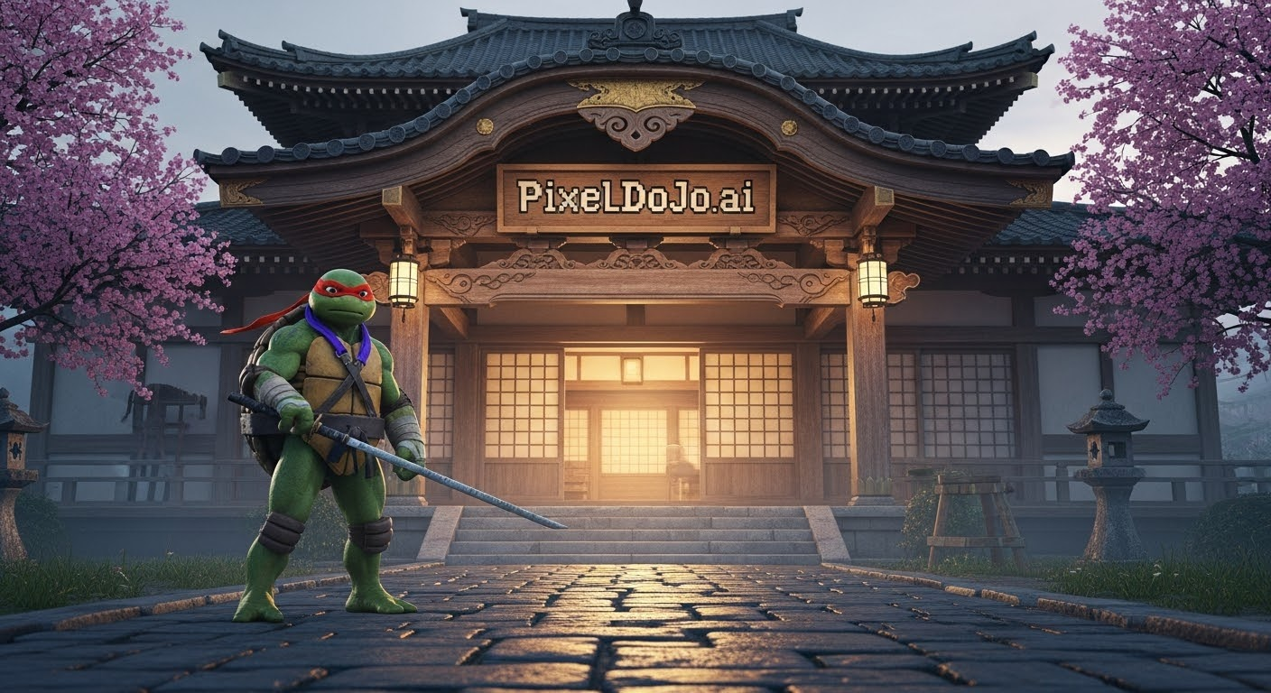 A highly detailed, photo-realistic image of a Teenage Mutant Ninja Turtle standing confidently in front of a traditional Japanese dojo. The ninja turtle, adorned in a vibrant green skin with a textured, slightly weathered shell, wears a colored bandana (choose from red, blue, purple, or orange) and wields a signature weapon, with intricate details on the grip and blade reflecting subtle wear from battle. The dojo, named "PixelDojo.ai," features a beautifully crafted wooden sign above the entrance with bold, pixelated typography reminiscent of retro video games, contrasting with the authentic, weathered wooden architecture of the building. The dojo's exterior showcases traditional sliding shoji doors, a tiled roof with curved edges, and intricate carvings along the beams, illuminated by soft, warm lantern light. The scene is set during early evening, with a serene, misty atmosphere and a faint golden glow from the setting sun casting long shadows across a cobblestone path leading to the dojo. The composition focuses on the ninja turtle in the foreground, slightly off-center, with a low camera angle looking up to emphasize their heroic stature, while the dojo looms majestically in the background, framed by blooming cherry blossom trees on either side. The mood is a blend of nostalgic martial arts mystique and modern digital flair, captured with hyper-realistic textures, sharp focus, and cinematic depth of field, reminiscent of a high-budget film still.