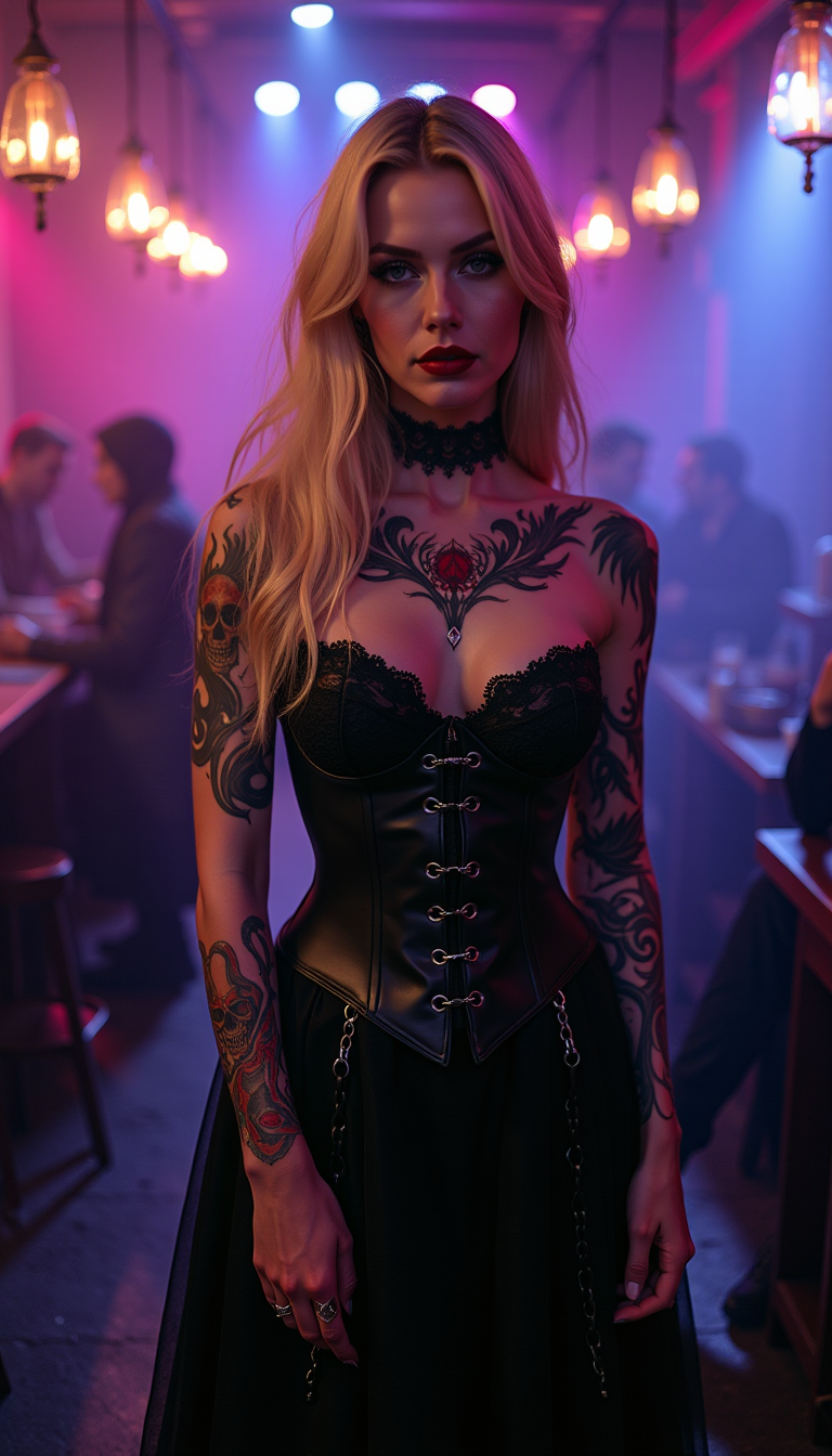 A striking, gold-haired female embodying a captivating gothic aesthetic, standing as the centerpiece in a dimly lit goth nightclub. She wears a form-fitting black corset that cinches her waist, crafted from smooth, polished leather with subtle silver buckles, paired with a long, flowing skirt of delicate black lace intricately detailed with floral and thorn patterns. The corset is slightly unlaced at the top, revealing a graceful neckline and the edges of elaborate tattoos that adorn her upper torso. Her voluminous golden hair falls in soft, cascading waves over her bare shoulders, catching the faint neon glow of the club lights. Her piercing eyes, framed by dramatic black eyeliner with sharp winged tips, exude intensity, while her full lips are painted a deep crimson, mirroring the blood-red hue of her bold lipstick. Her tattoos are a mesmerizing masterpiece—a tapestry of intertwining vines and thorns weaving around mythical creatures like bats, skulls, and serpents, rendered in stark black ink with vibrant accents of crimson and violet, creating a striking contrast against her pale skin. The composition focuses on her standing confidently in the foreground, slightly angled to the side to emphasize the curve of her silhouette, with a low camera angle that adds a sense of power and mystique. The background reveals the dark, moody interior of the goth nightclub, with faint silhouettes of other patrons, flickering candlelight, and swirling fog illuminated by deep purple and blue neon lights. The atmosphere is brooding and enigmatic, with a late-night ambiance, the air thick with mystery and a hint of danger, enhanced by soft shadows and a subtle vignette effect. The style is inspired by gothic romanticism, blending elements of high-fashion photography with a cinematic, film-noir aesthetic, featuring high contrast, rich textures, and a focus on dramatic lighting to highlight her ethereal yet commanding presence.