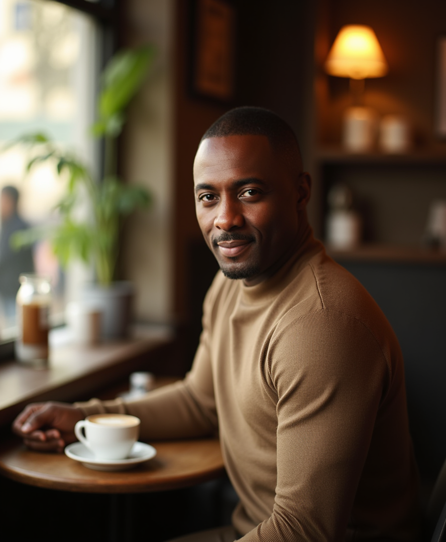 A stunning portrait of ELBRISTOK seated in a cozy, intimate cafe setting, captured in a realistic photographic style with a touch of cinematic flair. ELBRISTOK is positioned at a small, rustic wooden table near a window, his face softly illuminated by warm, natural daylight streaming in, casting gentle shadows across their features. They wear a casual yet elegant outfit, with subtle textures like a knitted sweater or linen shirt, reflecting a relaxed yet sophisticated vibe. The background features blurred cafe elements—vintage decor, shelves with coffee mugs, and faint silhouettes of other patrons—creating a shallow depth of field with a bokeh effect. The color palette is warm and inviting, dominated by earthy tones of brown, beige, and soft amber, contrasted by the cool tones of the window light. The composition focuses on ELBRISTOK’s expressive eyes and subtle smile, shot from a slightly low angle to emphasize their presence and charisma. The mood is serene and contemplative, evoking a quiet afternoon moment, with the faint aroma of coffee and the distant hum of conversation implied in the atmosphere. Rendered in high detail, with a focus on realistic skin textures, fine hair strands, and the intricate play of light and shadow, reminiscent of a professional DSLR portrait with a 50mm prime lens.