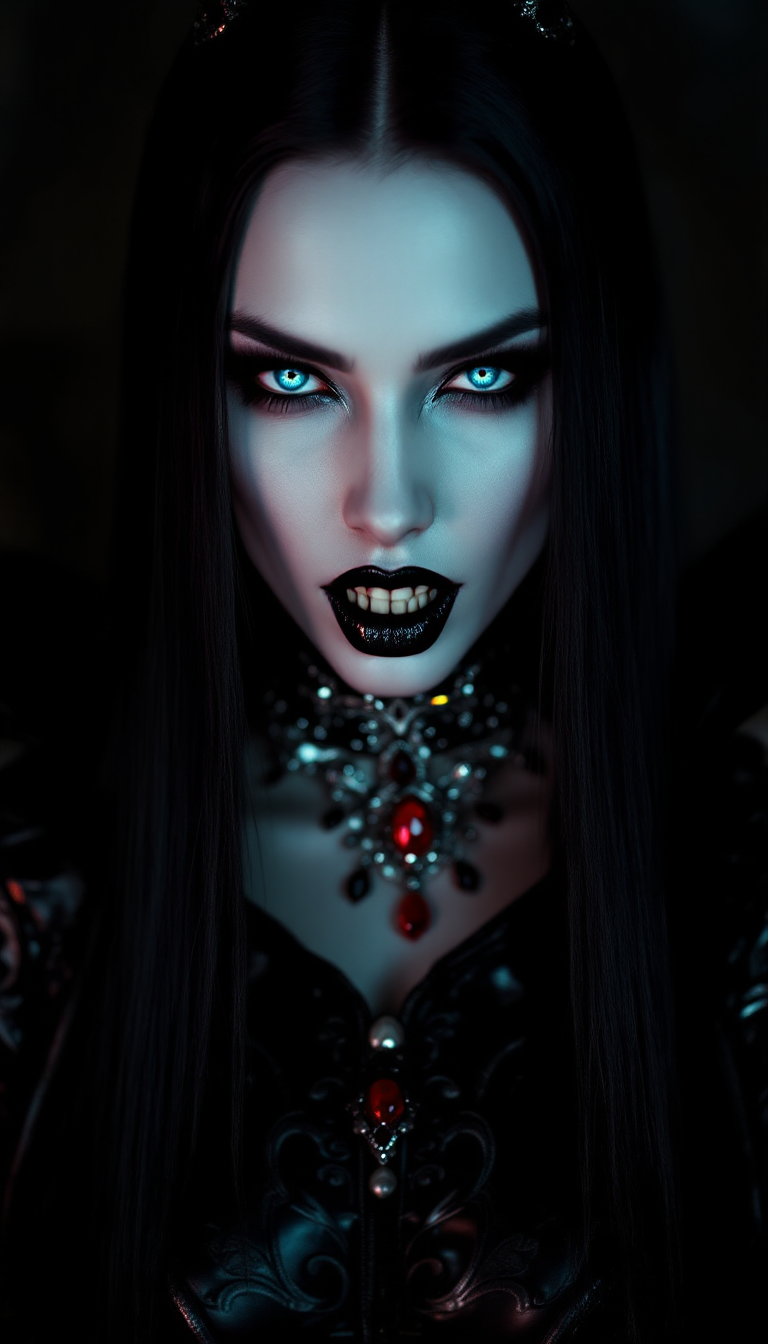 A striking Vampire Queen, the epitome of dark majesty, with ethereal, ghostly pale white skin that glows with a luminescent sheen under dim, flickering lights. Her long, straight black hair cascades down her back like a silken waterfall of midnight, framing her sharp, regal features. A blood-red ruby, set in an ornate silver collar, gleams ominously at her throat, its sinister shimmer catching the sparse light. Her piercing bright blue eyes burn with an otherworldly, predatory intensity, both captivating and menacing, accentuated by bold, dark eyeliner that sharpens her fierce gaze. Shiny black painted lips curl into a violent sneer, revealing the glint of sharp fangs, exuding raw, untamed power and menace.

Her attire commands attention: a shiny black latex goth corset clings tightly to her torso, intricately detailed with embossed gothic filigree patterns that reflect subtle glints of light, layered over a sheer, translucent blouse that adds a haunting elegance. Skintight black latex pants enhance her imposing silhouette, paired with towering black latex high-heeled boots, their mirror-like polished finish reflecting the surrounding chaos with every authoritative step. The glossy textures of her outfit contrast starkly with the gritty environment, every surface rendered with photorealistic precision and a high-gloss sheen.

She stands as the unyielding focal point in the center of a dimly lit, modern gothic nightclub, captured from a low-angle perspective to emphasize her towering dominance and unassailable power. Neon lights in electric blue and crimson hues cast dramatic, angular shadows across her figure, highlighting the reflective surfaces of her attire. The background reveals a crowd of shadowy, indistinct figures, their forms blurred into the pulsating, chaotic atmosphere of the club, while faint wisps of fog swirl at her feet, adding an eerie, mystical aura. The industrial backdrop features rusted metal walls and cracked concrete floors, faintly illuminated by flickering, uneven lights, enhancing the gritty, raw edge of the scene.

The composition is framed tightly to focus on the Vampire Queen, her razor-sharp details standing out against the moody blur of the background, achieved through a shallow depth of field reminiscent of a high-end DSLR shot. The mood is dark, seductive, and mysterious, steeped in a late-night ambiance where the air feels thick with tension and forbidden allure. Harsh, contrasting lighting creates a cinematic chiaroscuro effect, with deep shadows and stark highlights carving out her features and amplifying the high-gloss finish of her latex ensemble. The atmosphere crackles with electric danger and desire, as if time itself slows