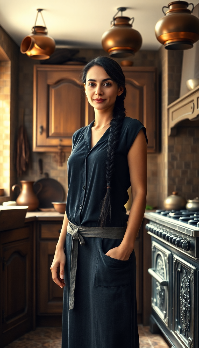 A tall, slender Middle Eastern woman in her mid-40s, exuding elegance and warmth, with striking features and a gentle expression. Her long, jet-black hair is neatly gathered in a single braid, cascading down to her waist with a glossy sheen. She wears a simple yet refined dark cotton dress, modestly tailored, paired with a well-worn kitchen apron tied around her waist, hinting at hours spent cooking. She stands confidently in an older-style kitchen, characterized by rustic charm—think vintage tiled walls in muted earth tones, worn wooden cabinets with intricate carvings, and a large, heavy cast-iron stove in the background. Copper pots and dried herbs hang from the ceiling, adding texture and authenticity to the scene. The composition focuses on her as the central figure, captured from a slight low angle to emphasize her height and poise, with soft, natural light streaming through a nearby window, casting warm golden hues and subtle shadows across the room. The mood is cozy and nostalgic, evoking a sense of timeless tradition and homely comfort, set during late afternoon with a serene, quiet atmosphere. Rendered in a realistic style with photorealistic detail, emphasizing fine textures like the grain of the wood, the folds in her dress, and the intricate patterns of the tiles, with a focus on cinematic lighting and a shallow depth of field to highlight her presence against the softly blurred background.