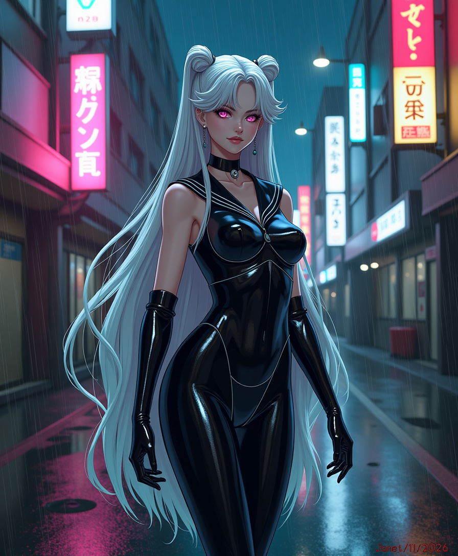 A striking and sinister depiction of an evil Sailor Moon, characterized by her long, flowing white hair cascading down her back with an ethereal glow. She wears a shiny black latex sailor costume, form-fitting and reflective, accentuating every curve with a glossy, almost liquid-like texture. Her shiny black latex gloves extend up to her elbows, catching the dim streetlights with a subtle sheen. The scene unfolds on the dark, gritty streets of Tokyo at night, with neon signs in vibrant pinks, blues, and greens casting an otherworldly glow on wet asphalt, reflecting the city's chaotic energy. The composition focuses on Sailor Moon standing confidently in the center of the frame, slightly tilted to one side, exuding a menacing aura, with a low camera angle looking up to emphasize her dominance and power. The background features narrow alleys, flickering lights, and distant skyscrapers shrouded in a misty haze. The mood is dark and foreboding, with a cool, nocturnal atmosphere, subtle rain adding a sense of tension and mystery. Rendered in a hyper-detailed anime style with elements of cyberpunk aesthetics, featuring sharp linework, dramatic shadows, and high contrast lighting to enhance the eerie, villainous vibe.