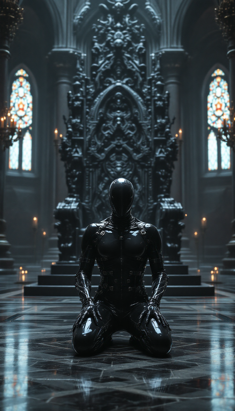 A striking scene in a grand medieval hall, featuring a slim figure kneeling before an elegant, massive throne carved from dark, polished stone with intricate gothic details. The figure is clad head-to-toe in shiny black latex, the material gleaming under the dim, flickering light of ornate chandeliers and wall-mounted torches, casting dramatic reflections across the polished marble floor. The latex suit is adorned with numerous straps and buckles, meticulously detailed, adding a sense of restraint and texture to the sleek surface. A form-fitting latex mask completely covers the figure’s face, leaving only a mysterious, anonymous presence. The composition centers the kneeling figure directly facing the camera, positioned slightly below eye level to emphasize submission and the towering dominance of the throne behind them. The camera angle is wide, capturing the vastness of the hall with towering stone columns, arched ceilings, and faint stained-glass windows filtering muted, cool light into the space. The mood is dark and intense, with a haunting, enigmatic atmosphere, enhanced by subtle shadows and a cold, misty ambiance lingering in the air. The style is reminiscent of high-fashion photography blended with dark fantasy art, focusing on sharp contrasts, high detail, and a cinematic quality, rendered in hyper-realistic 8K resolution with an emphasis on texture and dramatic lighting.