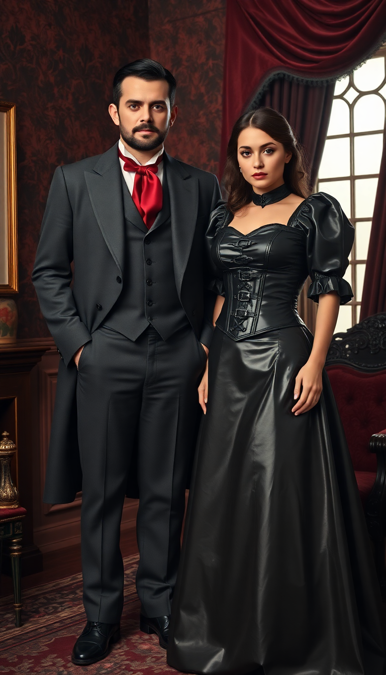 A striking scene set in an opulent Victorian parlour, featuring a tall, distinguished man and a beautiful young woman. The man is dressed in an elegant, well-tailored Victorian suit and waistcoat, crafted from dark grey fabric that borders on black, exuding sophistication. His blood-red ascot adds a bold, dramatic contrast, while his dark hair is neatly cut short, and his beard and mustache are impeccably trimmed. Beside him stands the woman, adorned in a stunning Victorian dress with a unique twist: her skirts and petticoats are made of shiny black latex, catching the light with a glossy sheen. Her ensemble includes a puffy-sleeved, shiny latex bolero-style jacket over a tightly bound corset, also in gleaming black latex, adorned with polished buckles and straps that add intricate detail. The parlour is richly decorated with deep burgundy wallpaper, ornate wooden furniture, and heavy velvet drapes in dark emerald tones, framing a large window that lets in soft, diffused afternoon light. The atmosphere is elegant yet slightly mysterious, with warm golden lighting from a crystal chandelier casting subtle shadows across the polished hardwood floor. The composition focuses on the couple standing close together near the center of the room, framed by the lavish surroundings, with a low camera angle that emphasizes their commanding presence and the grandeur of the setting. The mood is refined and enigmatic, blending Victorian elegance with a modern, edgy aesthetic, rendered in a hyper-realistic style with meticulous attention to texture, reflection, and detail, reminiscent of a classic oil painting by a 19th-century master.