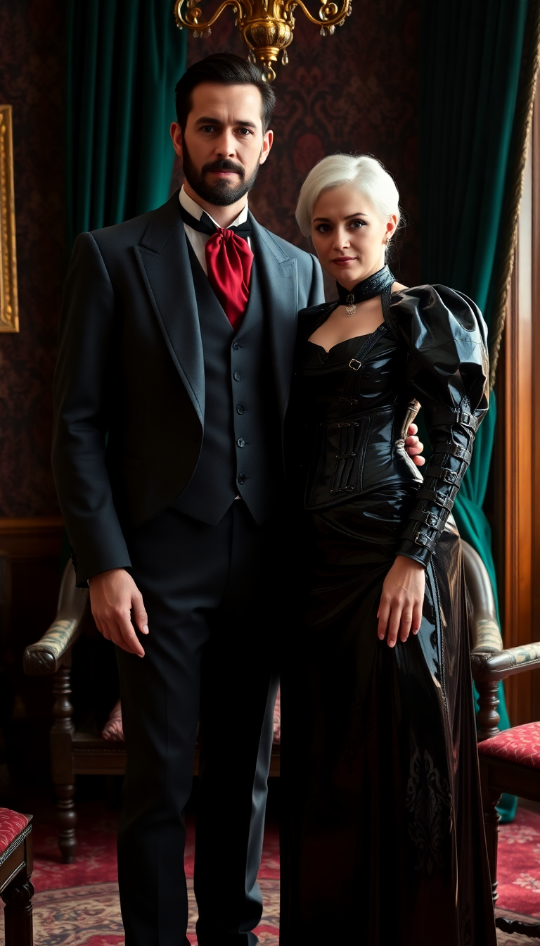 A striking scene set in an opulent Victorian parlour, featuring a tall, distinguished man and a beautiful young woman. The man is dressed in an elegant, well-tailored Victorian suit and waistcoat, crafted from dark grey fabric that borders on black, exuding sophistication. His blood-red ascot adds a bold, dramatic contrast, while his dark hair is neatly cut short, and his beard and mustache are impeccably trimmed. Beside him stands the white haired mature woman, adorned in a stunning Victorian dress with a unique twist: her skirts and petticoats are made of shiny black latex, catching the light with a glossy sheen. Her ensemble includes a puffy-sleeved, shiny latex bolero-style jacket over a tightly bound corset, also in gleaming black latex, adorned with polished buckles and straps that add intricate detail. The parlour is richly decorated with deep burgundy wallpaper, ornate wooden furniture, and heavy velvet drapes in dark emerald tones, framing a large window that lets in soft, diffused afternoon light. The atmosphere is elegant yet slightly mysterious, with warm golden lighting from a crystal chandelier casting subtle shadows across the polished hardwood floor. The composition focuses on the couple standing close together near the center of the room, framed by the lavish surroundings, with a low camera angle that emphasizes their commanding presence and the grandeur of the setting. The mood is refined and enigmatic, blending Victorian elegance with a modern, edgy aesthetic, rendered in a hyper-realistic style with meticulous attention to texture, reflection, and detail, reminiscent of a classic oil painting by a 19th-century master.