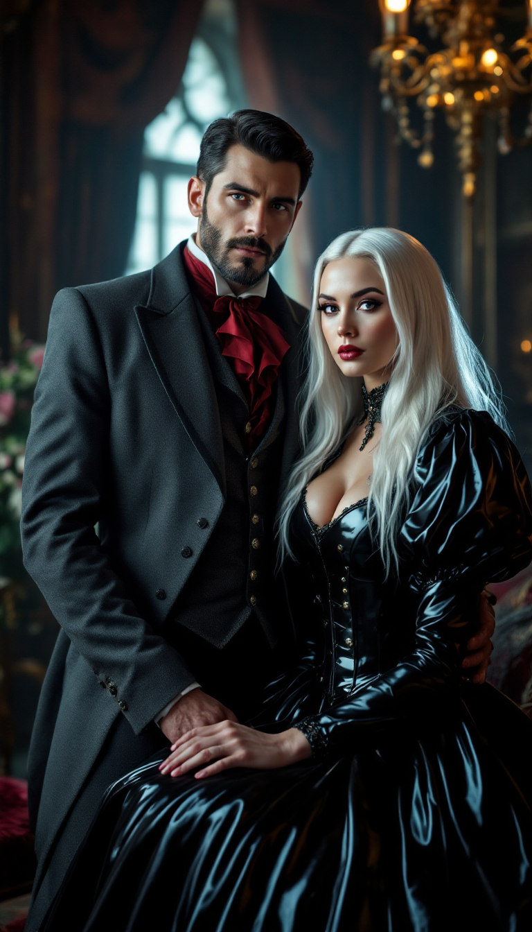 A breathtaking scene unfolds in an opulent Victorian parlour, drenched in luxury and intrigue, featuring a tall, distinguished man and a captivating woman in her mid-30s with waist-length, striking white hair. The man exudes timeless sophistication in a meticulously tailored Victorian suit and waistcoat, crafted from dark grey fabric that teeters on the edge of black, absorbing the light with a subtle sheen. A bold blood-red ascot punctuates his ensemble, drawing the eye with dramatic flair, while his short, neatly trimmed dark hair and impeccably groomed beard and mustache enhance his commanding aura. Beside him, the woman captivates in a Victorian dress with a daring twist—her voluminous skirts and petticoats are fashioned from glossy black latex, reflecting the light with a mirror-like finish. Her outfit is completed by a puffy-sleeved, shiny latex bolero-style jacket draped over a tightly cinched corset, also in gleaming black latex, accentuating her ample cleavage and adorned with polished buckles and intricate straps that catch the eye with their detailed craftsmanship.

The parlour itself is a masterpiece of Victorian decadence, with deep burgundy wallpaper embossed with subtle damask patterns, richly carved wooden furniture upholstered in plush fabrics, and heavy velvet drapes in dark emerald tones cascading around a large window. Soft, diffused afternoon light filters through sheer under-curtains, casting a gentle glow across the space, while a crystal chandelier above radiates warm golden light, creating delicate highlights and subtle shadows on the polished hardwood floor. The composition centers on the couple, standing intimately close near the heart of the room, their elegant figures framed by the lavish surroundings. A low camera angle amplifies their commanding presence, emphasizing the towering grandeur of the setting and their poised statures.

The atmosphere is one of refined enigma, blending the ornate elegance of the Victorian era with a modern, edgy aesthetic through the woman’s unconventional latex attire. The mood is both sophisticated and mysterious, with the interplay of warm lighting and cool shadows adding depth to the scene. Rendered in a hyper-realistic style, the image captures every intricate detail— from the reflective gloss of the latex to the soft texture of the velvet drapes and the fine grain of the wooden furniture— reminiscent of a classic 19th-century oil painting by a master artist, with meticulous attention to texture, light reflection, and lifelike detail.