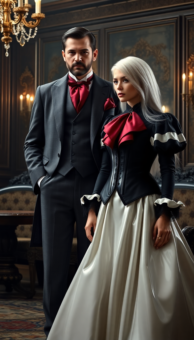 A breathtaking scene unfolds in an opulent Victorian parlour, drenched in luxury and intrigue, featuring a tall, distinguished man and a captivating woman in her mid-30s with waist-length, striking white hair. The man exudes timeless sophistication in a meticulously tailored Victorian suit and waistcoat, crafted from dark grey fabric that teeters on the edge of black, absorbing the light with a subtle sheen. A bold blood-red ascot punctuates his ensemble, drawing the eye with dramatic flair, while his short, neatly trimmed dark hair and impeccably groomed beard and mustache enhance his commanding aura. Beside him, the woman captivates in a Victorian dress with a daring twist—her voluminous skirts and petticoats are fashioned from glossy white latex, reflecting the light with a mirror-like finish. Her outfit is completed by a puffy-sleeved, shiny latex bolero-style jacket draped over a tightly cinched corset, also in gleaming white latex, accentuating her ample cleavage and adorned with polished buckles and intricate straps that catch the eye with their detailed craftsmanship.

The parlour itself is a masterpiece of Victorian decadence, with deep burgundy wallpaper embossed with subtle damask patterns, richly carved wooden furniture upholstered in plush fabrics, and heavy velvet drapes in dark emerald tones cascading around a large window. Soft, diffused afternoon light filters through sheer under-curtains, casting a gentle glow across the space, while a crystal chandelier above radiates warm golden light, creating delicate highlights and subtle shadows on the polished hardwood floor. The composition centers on the couple, standing intimately close near the heart of the room, their elegant figures framed by the lavish surroundings. A low camera angle amplifies their commanding presence, emphasizing the towering grandeur of the setting and their poised statures.

The atmosphere is one of refined enigma, blending the ornate elegance of the Victorian era with a modern, edgy aesthetic through the woman’s unconventional latex attire. The mood is both sophisticated and mysterious, with the interplay of warm lighting and cool shadows adding depth to the scene. Rendered in a hyper-realistic style, the image captures every intricate detail— from the reflective gloss of the white latex to the soft texture of the velvet drapes and the fine grain of the wooden furniture— reminiscent of a classic 19th-century oil painting by a master artist, with meticulous attention to texture, light reflection, and lifelike detail.