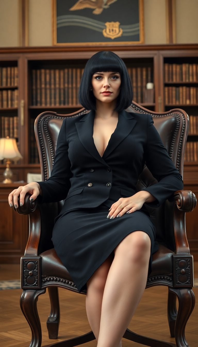 Powerfully built, pale white woman, shiny black hair cut in a shoulder length bob. Sitting in a large antique chair in an an elegant law office. She wears a black business skirtsuit, tight on her well muscled and buxom build. 