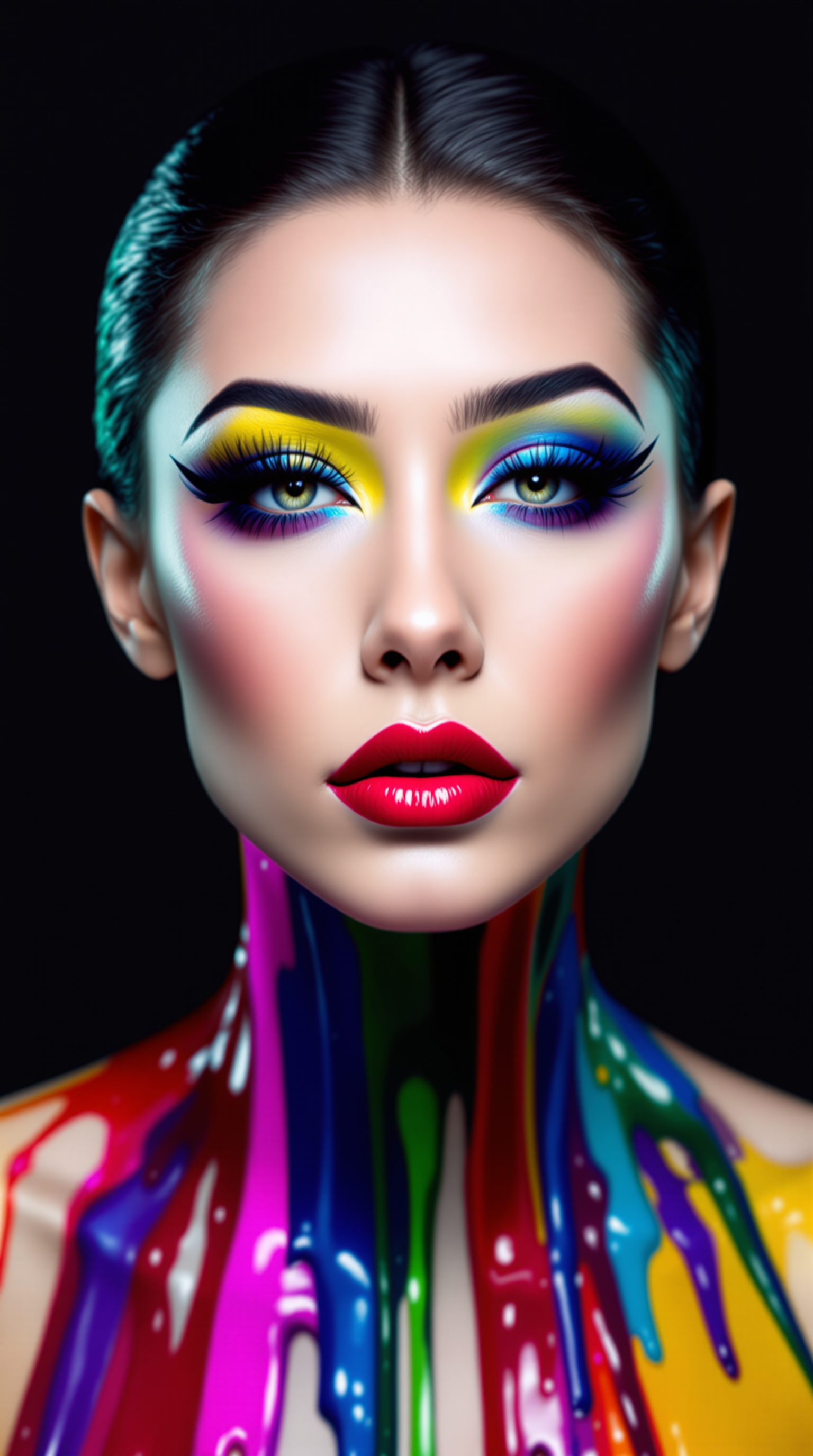 This image is a portrait of a person with a highly stylized and artistic makeup look. The person has their hair slicked back, which allows for a full view of the makeup and body paint. The makeup is bold and vibrant, with a focus on the eyes, lips, and body.The eyes are adorned with a metallic blue eyeshadow that extends into the crease, paired with a bright yellow eyeshadow on the inner corners. The eyeliner is thick and black, with a winged extension on the outer corners, giving a dramatic and cateye effect. The mascara is volumizing and black, enhancing the eyes further. The eyebrows are wellgroomed and filled in, with a natural arch.The lips are coated in a deep, rich red lipstick that stands out against the pale skin. The lipstick has a satiny finish, which catches the light and adds to the vibrancy of the color.The body paint is fluid and drips down the neck and shoulders in a variety of bright colors, including red, green, blue, and purple. The paint has a glossy finish, which reflects light and gives the appearance of a liquid substance. The paint is applied in a way that it seems to be melting down the persons body, creating an illusion of movement and fluidity.The overall art style of the image is surreal and fantastical, with a focus on bold colors and fluidity. The medium appears to be digital, given the smooth gradients and seamless blending of colors. The image has a high level of detail, from the individual strands of hair to the texture of the skin and the glossy finish of the paint. The background is a solid, dark color, which serves to highlight the subject and the vivid colors of the makeup and paint.