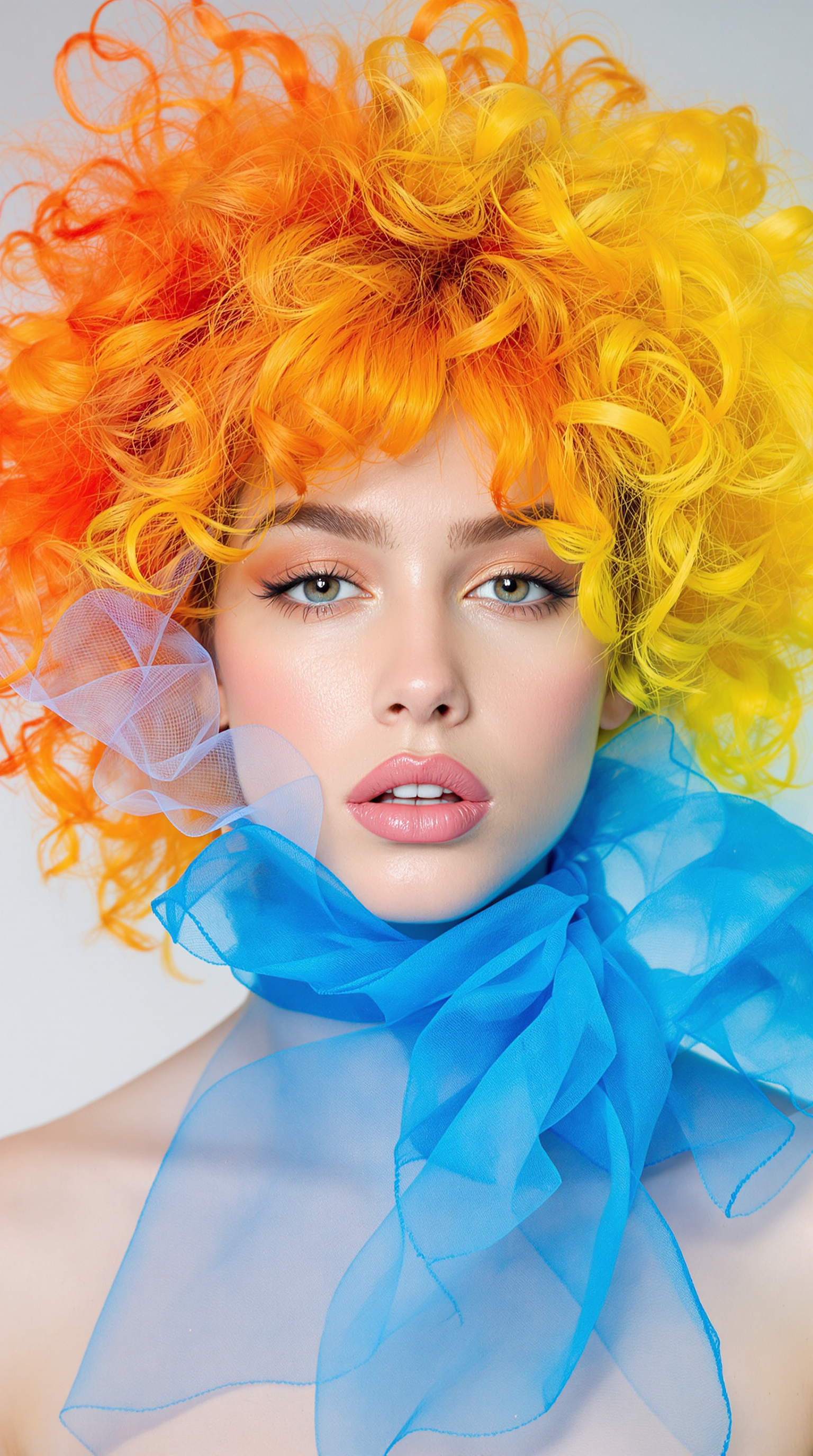 This image is a closeup portrait of a person with a highly stylized and artistic approach. The subject has a strikingly vibrant and colorful hairstyle that transitions from a fiery orange at the roots to a sunny yellow at the tips, giving the appearance of flames. The hair is voluminous and curly, with a dynamic and somewhat chaotic arrangement that adds to the overall sense of movement and energy in the image.The subjects skin is depicted with a smooth, flawless finish, and the lighting accentuates their features with a soft glow. The makeup is applied with subtlety, highlighting the eyes with a hint of shimmer and defining the eyebrows, while the lips are coated in a naturallooking nude shade that complements the overall softness of the makeup palette.The art style of the image leans towards surrealism, with elements that defy reality. The contrast between the warm tones of the hair and the cool blue fabric draped around the neck creates a striking visual dichotomy. The blue fabric is translucent and billows around the neck, giving the impression of smoke or ethereal mist. The way the fabric interacts with the light and the subjects skin adds depth and dimension to the composition.The medium used to create this image is not immediately apparent, but it appears to be a highquality photograph with postprocessing that has likely been applied to enhance the colors and create the surreal effects. The lighting is soft and diffused, likely controlled in a studio setting to achieve the desired look.Overall, the image is a creative and visually arresting piece that plays with color, texture, and light to evoke a sense of fantasy and otherworldliness.