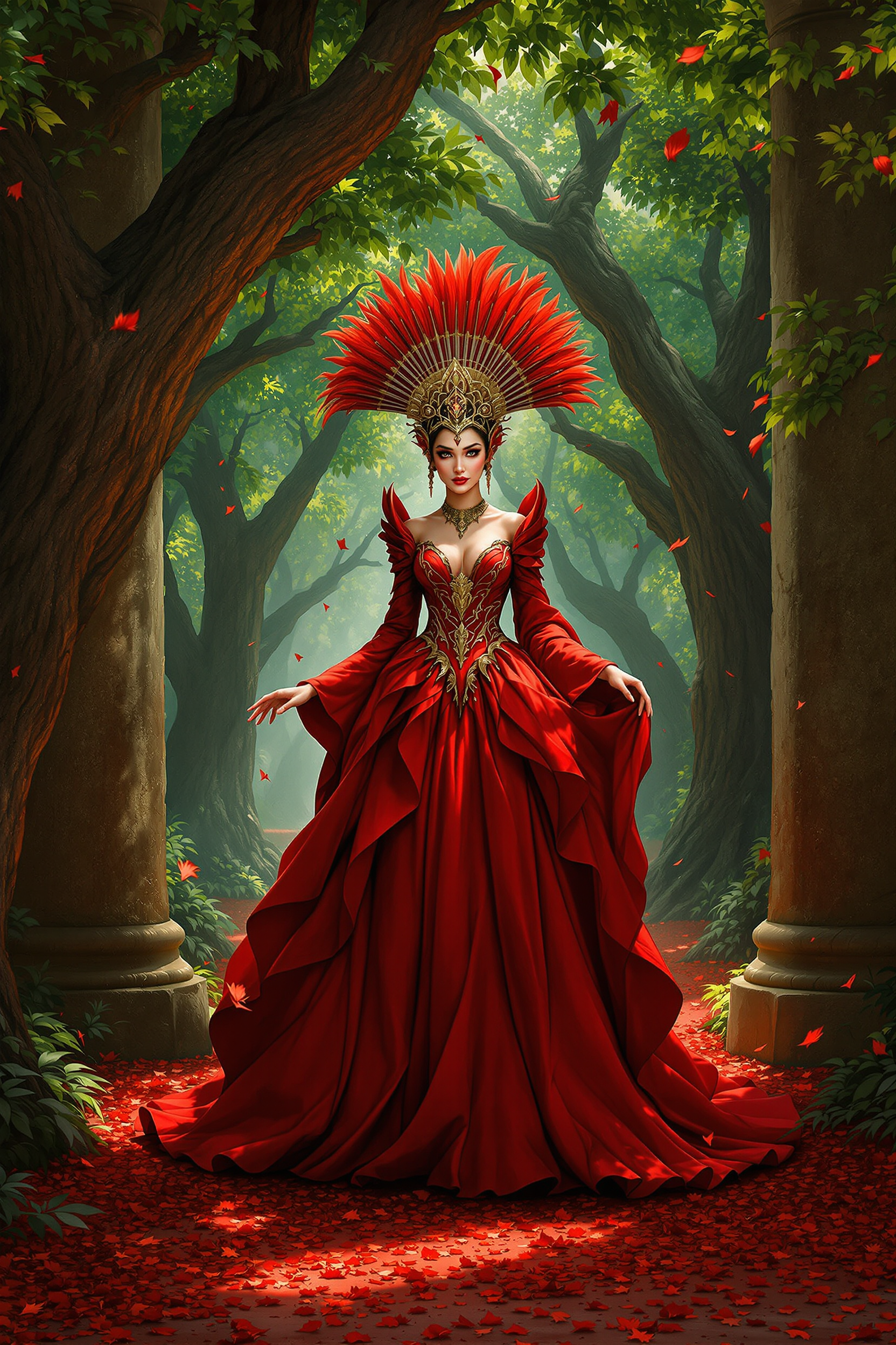 This image is a digital creation that exudes a sense of fantasy and grandeur. The art style is reminiscent of a highfantasy genre, with a focus on rich, detailed costumes and a lush, verdant environment that suggests a setting far removed from the mundane.The medium appears to be a digital painting, given the smooth blending of colors and the lack of texture that one might expect from a traditional painting. The lighting and shadows are expertly rendered, creating a threedimensional effect that adds depth to the scene.The colors are vibrant and saturated, with a predominance of reds and oranges that give the image a warm, almost fiery quality. The reds of the dress and the surrounding foliage are complemented by the greens of the trees and the earthy tones of the ground, creating a harmonious and eyecatching palette.Objects in the image include1. The central figure, a woman dressed in a voluminous red gown that billows around her, giving the impression of movement and grandeur. The dress is detailed with golden embellishments and a long train that cascades behind her.2. A large, ornate headdress sits atop her head, its fanlike shape and intricate design suggesting a regal bearing. The headdress is adorned with what appears to be feathers or similar materials, adding to its majestic appearance.3. She is standing on a red, leafstrewn path that leads through a grove of ancientlooking trees, their trunks thick and textured. The path is bordered by two large, weathered pillars that stand as silent sentinels to the scene.4. The background is a tapestry of greenery, with the leaves of the trees fluttering in an unseen breeze, scattering petals across the path. The light filtering through the canopy casts a dappled effect on the ground, adding to the mystical ambiance of the setting.Overall, the image is a celebration of color, texture, and fantasy, inviting the viewer into a world of opulence and enchantment.