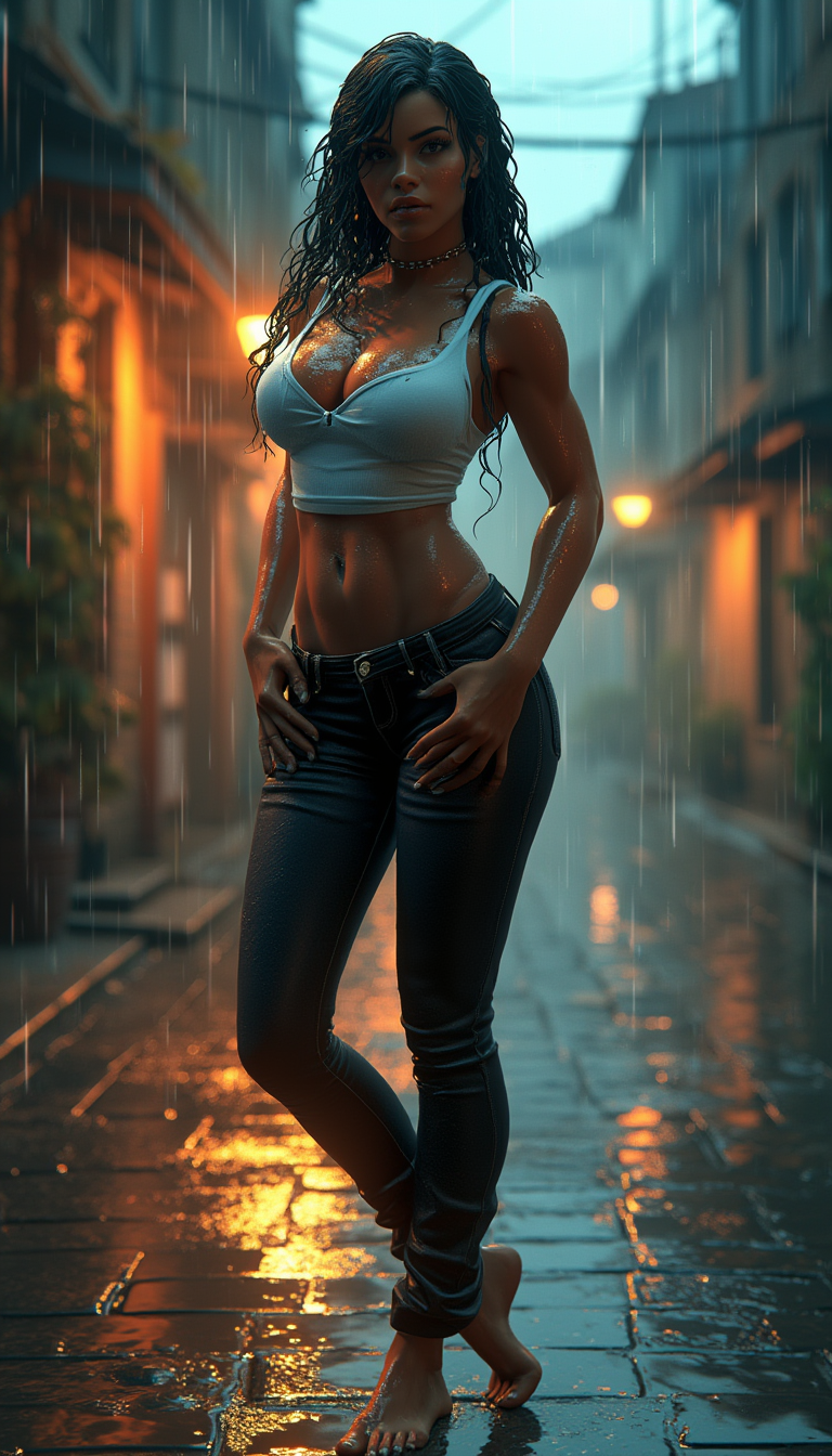 This image is a digitally rendered 3D artwork, showcasing a character in a realistic and detailed style. The medium appears to be a highresolution digital rendering, possibly created using software like Blender or Maya, given the smooth textures and lighting.The character is a woman with a muscular build, standing confidently in the center of a wet city street. The art style is photorealistic with a touch of digital art flair, evident in the exaggerated curves of her body and the glossy sheen on her skin, which reflects the ambient light and raindrops.The colors in the image are rich and varied, with a cool palette dominated by blues and grays, which gives the scene a moody and atmospheric quality. The wet pavement and the misty, overcast sky contribute to the overall feeling of a rainy day. The womans skin is a warm, rich brown, providing a contrast to the cool tones around her.The woman is wearing a white tank top with a deep neckline and a fitted design that accentuates her curves. The tank top is wet, with raindrops beading on the fabric, and the material appears to have a slight sheen, as if its slick with water. She also wears black pants that are similarly wet, with the water reflecting the streetlights and the surrounding buildings.The background of the image is a city street at dusk or dawn, with the warm glow of streetlights and the soft light of the sky. The buildings are old and weathered, with a mix of residential and commercial facades. The wet cobblestone street reflects the lights and the woman, creating a mirrorlike effect that adds depth and complexity to the scene.Overall, the image is a compelling blend of realism and fantasy, with a focus on the interplay of light, color, and texture to create a vivid and immersive visual experience.