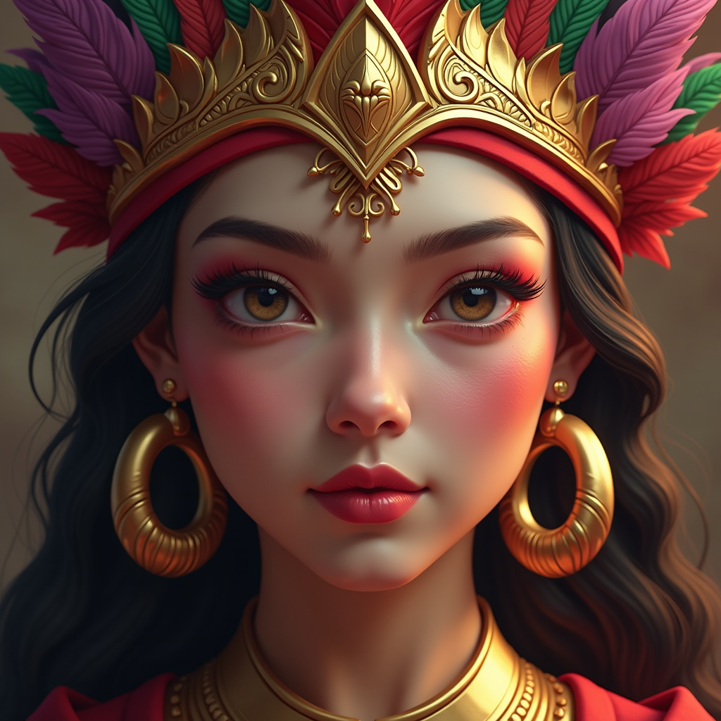 This image is a digital artwork that presents a closeup of a persons face. The art style is highly detailed and realistic, with a focus on the textures and lighting that give the image a lifelike quality. The medium appears to be a digital painting or rendering, given the smooth gradients and seamless blending of colors.The colors in the image are rich and vibrant, with a predominance of reds, golds, and purples. The reds are deep and saturated, creating a bold contrast against the lighter skin tones and the gold accents. The gold is a warm, metallic tone that stands out prominently, giving a sense of luxury and regality. The purples are used in the background and in the persons earrings, adding depth and a touch of mystique to the composition.The objects in the image are primarily accessories and adornments. The person is wearing a golden headpiece with a triangular shape that sits atop the head, adorned with intricate detailing and what appears to be feathers or leaves in green and pink hues. The earrings are large, circular, and also feature a golden finish with a similar design to the headpiece. The persons attire is not fully visible, but we can see a hint of a golden collar or necklace, which complements the overall regal aesthetic.The background is intentionally blurred, focusing the viewers attention on the detailed features of the persons face and the ornate accessories. The blurred background also adds to the sense of mystery and grandeur, drawing the viewer into the image and allowing them to fully appreciate the intricate details and textures.Overall, the image exudes a sense of power, elegance, and mystique, with a strong emphasis on the rich colors and detailed textures that bring the subject to life.