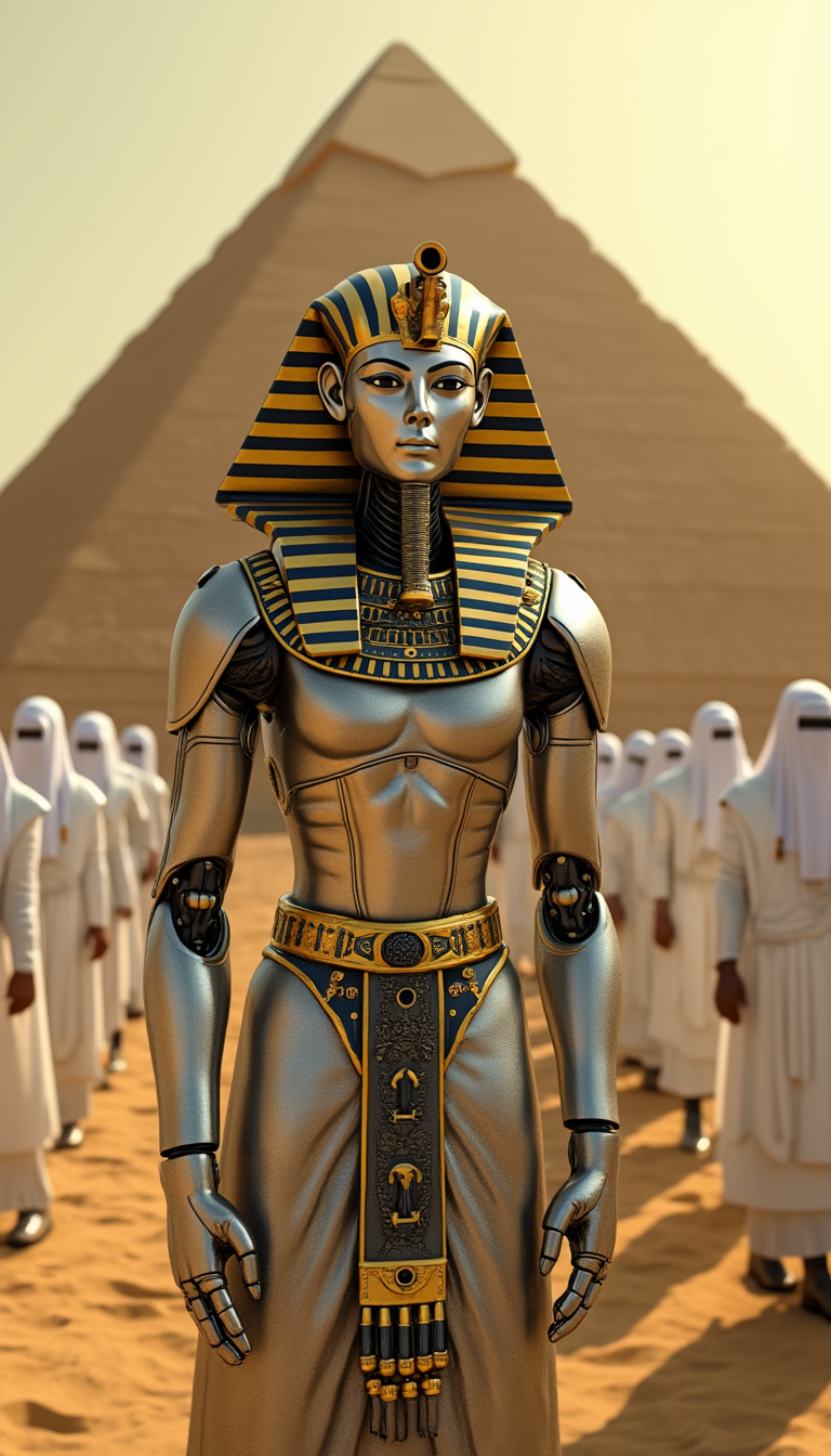 This image is a digital artwork that captures a scene set in an ancient Egyptian desert landscape. The central figure is a humanoid robot dressed in a detailed Egyptian pharaonic costume, with a metallic silver body adorned with gold and black accents. The robots head is encased in a traditional Egyptian headdress, with a striped pattern and a golden beard, suggesting a blend of ancient Egyptian royalty with futuristic technology.The robot stands prominently in the foreground, with a group of figures in white robes and head coverings in the background, appearing to be in a line, facing away from the viewer, as if in a procession or ceremony. The figures are uniformly dressed, with their hands clasped together in front of them, contributing to a sense of solemnity and reverence.The art style of the image is a blend of photorealism and fantasy, with attention to historical accuracy in the costumes and architecture, while the robot introduces a science fiction element. The medium appears to be a 3D rendering, given the smooth surfaces and lighting, which are typical of this type of digital artwork.The colors in the image are warm and earthy, with the golden tones of the robots costume standing out against the sandy desert backdrop. The sky is a soft, warm yellow, suggesting either sunrise or sunset. The white robes of the figures in the background contrast with the golden tones of the robot, creating a visually striking composition.Objects in the image include the robot, the pyramid in the background, and the figures in the desert. The pyramid is a large, smoothsided structure with a pointed apex, a hallmark of ancient Egyptian architecture. The robot is the focal point, with its detailed costume and futuristic design. The figures in the background add depth to the scene and contribute to the narrative of a ceremonial procession.Overall, the image is a compelling blend of ancient Egyptian history and science fiction, rendered with attention to detail and a cinematic quality.