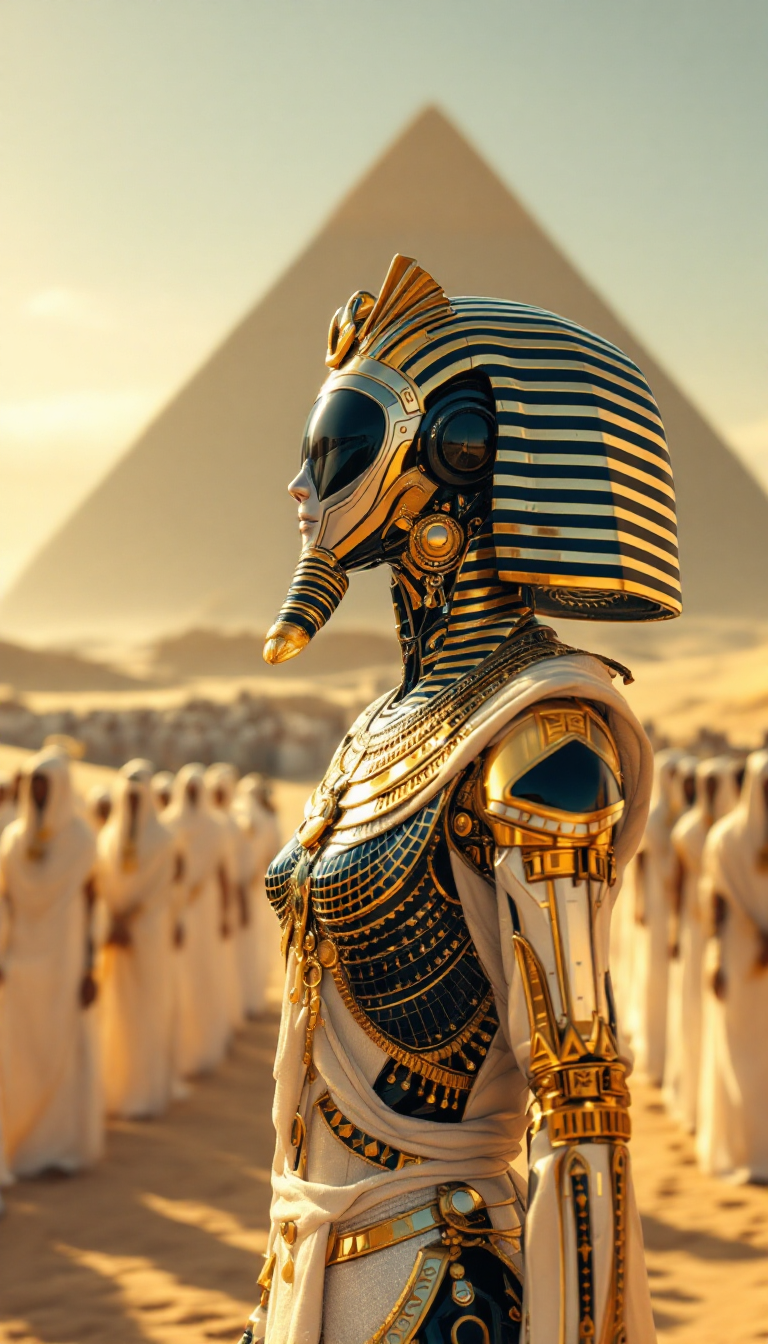 A breathtaking digital artwork depicting an ancient Egyptian desert landscape, blending historical grandeur with futuristic innovation. In the foreground, a striking humanoid robot stands as the central figure, its sleek metallic silver body intricately adorned with gold and black accents, dressed in an elaborate pharaonic costume. The robot's head is encased in a traditional Egyptian headdress, featuring a bold striped pattern and a shimmering golden beard, embodying a fusion of ancient royalty and cutting-edge technology. The robot's surface reflects subtle highlights, emphasizing its polished, futuristic texture under the warm desert light.

In the background, a solemn procession of figures in flowing white robes and head coverings stands in a neat line, facing away from the viewer, their hands clasped in front of them in a gesture of reverence. Their uniformity and posture evoke a deep sense of ceremony and spiritual weight. Beyond them, a majestic pyramid rises from the sandy horizon, its smooth-sided structure and pointed apex a testament to ancient Egyptian architectural precision, bathed in the soft glow of the surrounding desert.

The scene is set against a vast, arid desert expanse, with rolling dunes of golden sand stretching into the distance, their textures finely detailed under the gentle illumination of a warm, soft yellow sky, suggesting the serene ambiance of sunrise or sunset. The color palette is dominated by earthy tones—rich golds, warm sands, and stark whites—creating a harmonious yet striking contrast between the robot's metallic sheen and the organic desert environment.

Rendered in a photorealistic yet fantastical style, the artwork combines historical accuracy in the costumes and architecture with a bold science fiction twist, achieved through a 3D rendering technique. The composition is cinematic, with the robot positioned prominently in the foreground, framed by a low camera angle that enhances its imposing presence. The procession and pyramid in the background add depth and narrative, guiding the viewer's eye through the layered scene.

The mood is one of awe and mystery, capturing the timeless grandeur of ancient Egypt while hinting at a futuristic enigma. The lighting is soft and diffused, casting delicate shadows across the dunes and highlighting the intricate details of the robot's costume, with a subtle interplay of warm highlights and cool metallic tones. This image is a masterful fusion of history and imagination, evoking a sense of reverence and wonder in a unified, visually stunning tableau.