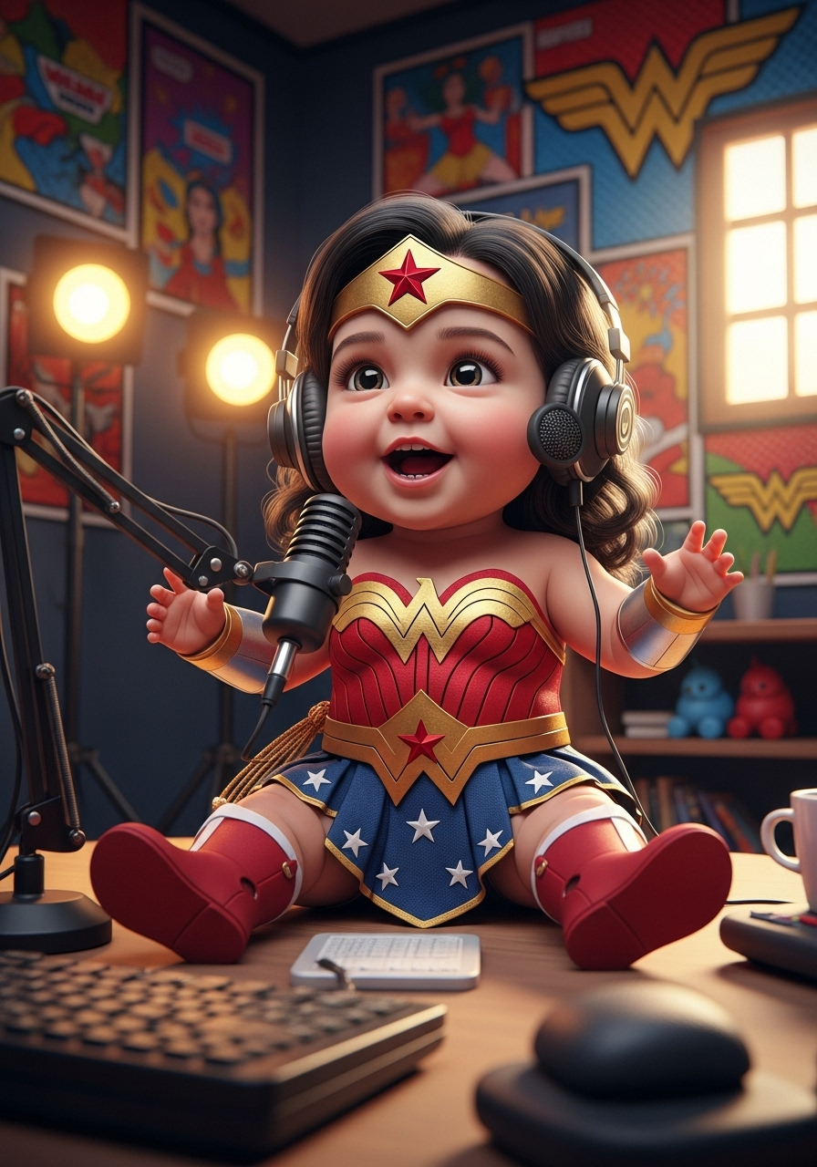 A whimsical and empowering scene of a baby Wonder Woman hosting a podcast, seated at a miniature podcasting setup with a tiny microphone and headphones adjusted to her small size. She wears an adorable, scaled-down version of the iconic Wonder Woman costume, complete with a red and gold bodice, blue starry skirt, tiara, and tiny red boots, all crafted with intricate detailing and a soft, fabric-like texture. Her expression is animated and confident, with big, bright eyes and a playful smile as she speaks passionately into the microphone. The podcast studio background is vibrant and child-friendly, featuring colorful walls with comic book-style artwork and Wonder Woman logos, softly lit by warm, inviting studio lights. The composition focuses on the baby at the center, captured from a slightly low angle to emphasize her heroic presence, with the podcast equipment and background slightly blurred for depth of field. The artistic style is a blend of comic book illustration and hyper-realistic digital art, with bold outlines and vivid colors reminiscent of DC Comics. The mood is cheerful and inspiring, evoking a sense of wonder and empowerment, set in a cozy indoor environment with a sunny afternoon glow streaming through a small window. Rendered with high detail, sharp focus on the baby’s features, and a cinematic quality to highlight the charm and uniqueness of the scene.
