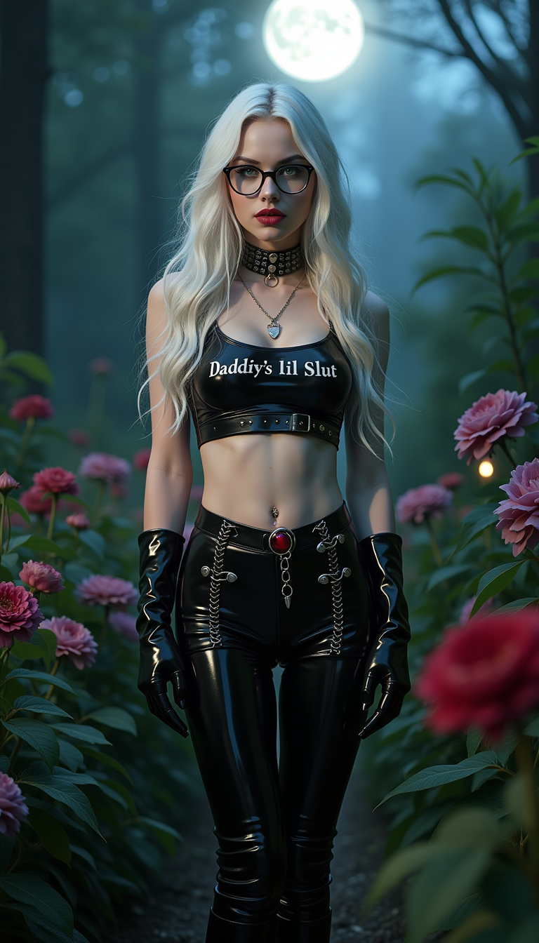 A striking 19-year-old girl with long, flowing white hair styled in intricate curls and ringlets, cascading down her shoulders. She wears slim, round-framed glasses that add a touch of intellectual allure. Her outfit is bold and provocative: skintight, shiny black latex pants that hug her form, paired with knee-high shiny black latex boots adorned with delicate laces and intricate straps. Her top is a glossy black leather crop top with the bold text "Daddy's lil Slut" emblazoned across it, revealing her perfectly toned, pale belly and abdomen, accentuated by a glittering ruby navel piercing. A shiny black leather collar, studded with rows of sharp spikes, encircles her throat. Her lips are coated in a glossy black sheen, matching her long, talon-like nails. Her makeup is distinctly gothic, with dramatic dark eyeshadow and pale, porcelain skin that contrasts with her daring attire.

She stands confidently in a dark, lush flower garden at night, surrounded by deep green foliage and blooming night flowers with velvety petals in shades of midnight blue and crimson. The scene is illuminated solely by ethereal moonlight streaming through the towering, ancient trees, casting dappled silver light and long, mysterious shadows across the ground. The composition focuses on her as the central figure, positioned slightly off-center, with a low camera angle looking up to emphasize her commanding presence and the intricate details of her outfit. The background fades into a soft blur, enhancing the depth and drawing attention to her intense gaze and poised stance.

The mood is dark, seductive, and enigmatic, with a hauntingly beautiful atmosphere. The cool night air seems to carry a whisper of mystery, and the interplay of moonlight and shadow creates a cinematic, almost surreal ambiance. Rendered in a hyper-realistic style with elements of dark romanticism, inspired by gothic art and high-fashion photography, the image captures fine textures like the reflective sheen of latex and leather, the delicate shimmer of the ruby piercing, and the soft glow of moonlight on her pale skin. Shot with a high-definition, sharp focus on the subject, using dramatic chiaroscuro lighting techniques to heighten the contrast between light and dark.