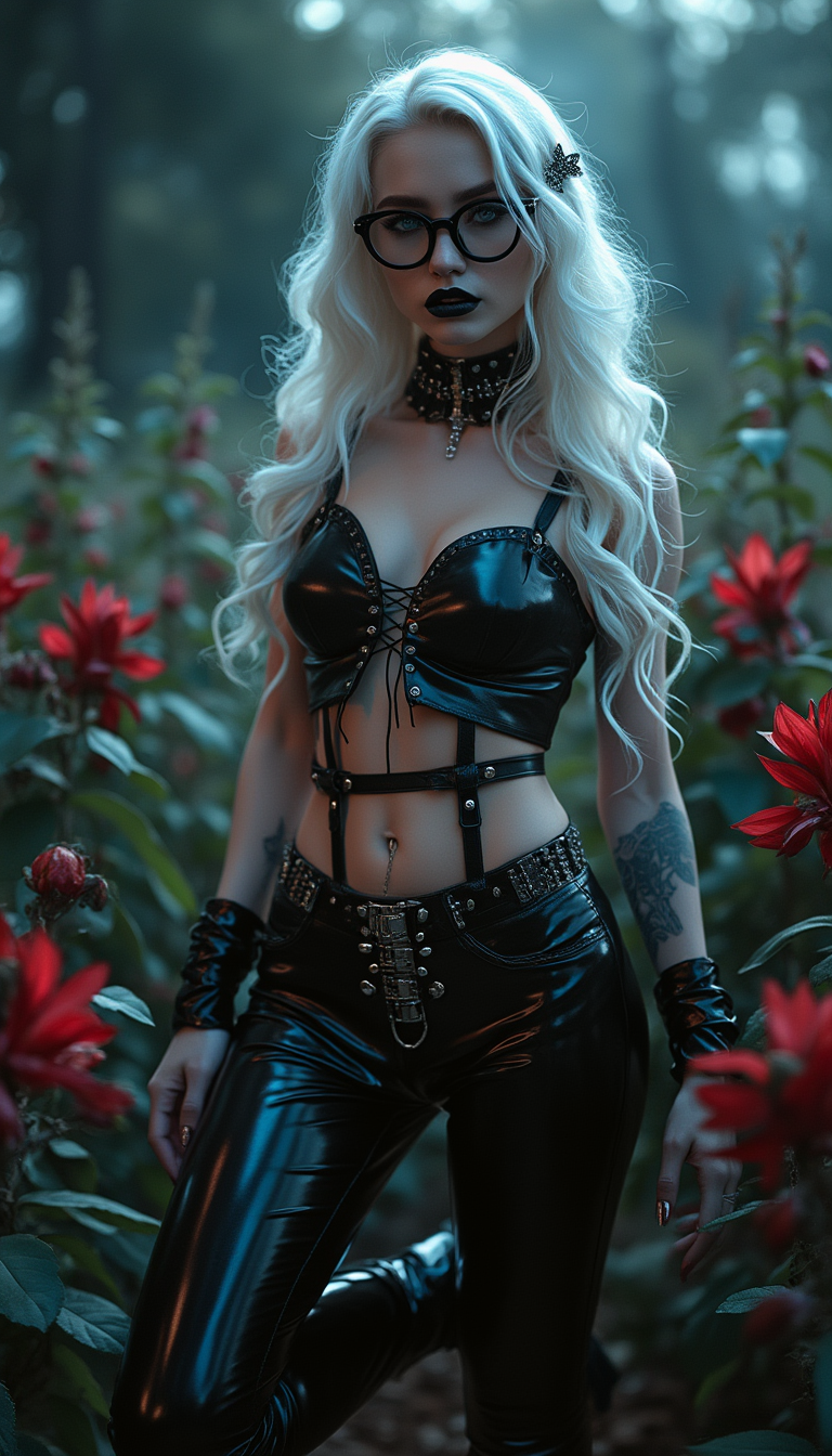 A captivating scene set in a dark, lush flower garden at night, featuring a striking 19-year-old woman as the central figure. She has long, flowing white hair styled in intricate curls and ringlets, cascading elegantly over her shoulders. Her slim, round-framed glasses add an intellectual allure to her intense, commanding presence. Her outfit is bold and provocative: skintight, shiny black latex pants that cling to her form, paired with knee-high shiny black latex boots adorned with delicate laces and intricate straps. A glossy black leather crop top with the daring text "Daddy's lil Girl" emblazoned across it reveals her perfectly toned, pale belly, highlighted by a glittering ruby navel piercing. A studded black leather collar with sharp spikes encircles her throat, while her glossy black lips and talon-like nails enhance her gothic aesthetic. Her makeup is dramatic, with dark, smoky eyeshadow and porcelain skin that contrasts starkly with her daring attire.

Beside her, kneeling on the ground, is a 19 year old woman clad in shiny red latex her long black pigtails framing her face and her lips and nails are painted a glossy, matching red. She wears shiny red high heels

The garden is a hauntingly beautiful setting, surrounded by deep green foliage and blooming night flowers with velvety petals in shades of midnight blue and crimson. Ethereal moonlight streams through towering, ancient trees, casting dappled silver light and long, mysterious shadows across the scene. The composition is cinematic, with the central woman positioned slightly off-center, captured from a low camera angle looking up to emphasize her dominance and the intricate details of her outfit. The kneeling woman is framed to her side, enhancing the power dynamic. The background fades into a soft bokeh blur, drawing focus to the subjects while maintaining a sense of depth.

The mood is dark, seductive, and enigmatic, with a cool night air that carries a whisper of mystery. The interplay of moonlight and shadow creates a surreal, almost otherworldly ambiance, steeped in dark romanticism. Rendered in a hyper-realistic style inspired by gothic art and high-fashion photography, the image captures fine textures: the reflective sheen of latex and leather, the delicate shimmer of the ruby piercing, the glossy finish of lips and nails, and the soft glow of moonlight on pale skin. Shot with high-definition precision, the image employs dramatic chiaroscuro lighting techniques to heighten the contrast between light and dark