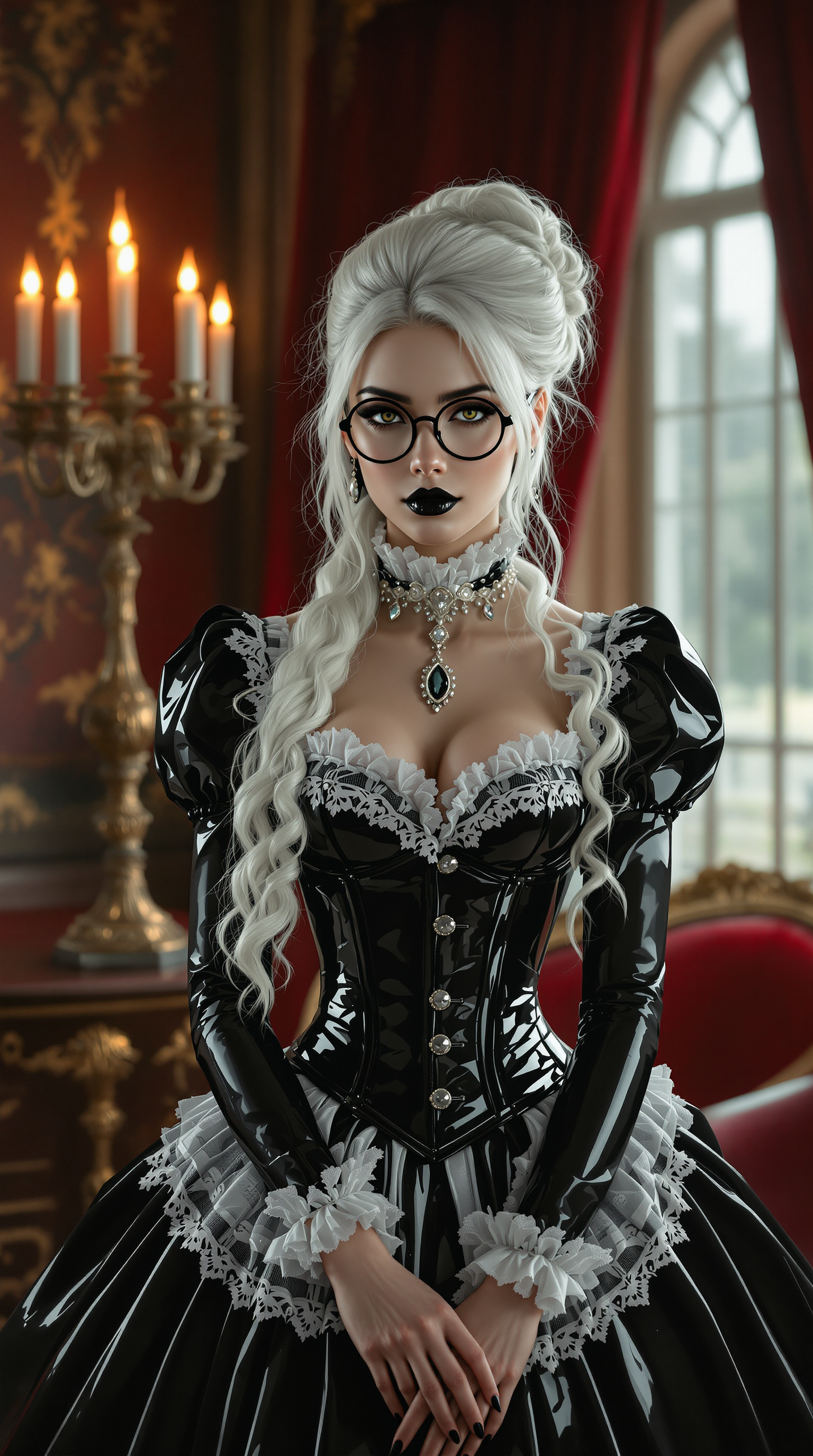 A breathtaking portrait of a striking 19-year-old woman, the central figure exuding an air of sharp intellect and commanding elegance. She wears slim, round-framed glasses that frame her piercing, intelligent gaze with precision. Her lips are painted shiny black. Her long, flowing white hair is styled in a mesmerizing cascade of elegant ringlets and soft waves, spilling from a small bun, with strands catching the light to reveal a silky, luminous sheen. Her attire is a glossy, shiny black latex Victorian maid's uniform, meticulously detailed with delicate lace trim along the cuffs and collar, paired with voluminous petticoats that create a dramatic, sweeping silhouette. A tight, reflective black latex corset cinches her waist, accentuating her poised and statuesque presence. She stands confidently in the heart of an opulent Victorian parlour, surrounded by polished mahogany furniture with intricate carvings, ornate golden candelabras flickering with warm light, and heavy crimson velvet drapes framing tall, arched windows. The composition centers on her as the focal point, captured from a slight low angle to emphasize her towering elegance and authority, with the background softly blurred to maintain focus on her intricate details. Soft, warm lighting bathes the scene, casting gentle highlights on the reflective latex surfaces and creating subtle, dramatic shadows across the textured lace and folds of her outfit. The mood blends gothic mystery with vintage sophistication, set during the late afternoon as golden hour light filters through the windows, casting a dreamy, nostalgic glow across the room with a touch of ethereal haze. Rendered in a hyper-realistic style, inspired by 19th-century portraiture, with photorealistic detailing that captures every fine texture—from the glossy sheen of latex to the delicate grain of wood—featuring dramatic contrast, rich color depth, and a cinematic depth of field that draws the viewer into her enigmatic presence.