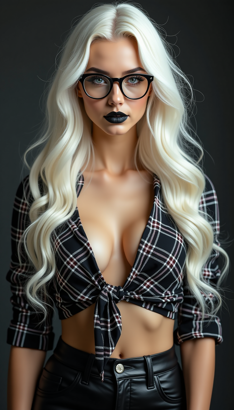 A breathtaking portrait of a striking 19-year-old woman, the central figure exuding an air of sharp intellect and commanding elegance. She wears slim, round-framed glasses that frame her piercing, intelligent gaze with precision. Her lips are painted shiny black. Her long, flowing white hair is styled in a mesmerizing cascade of elegant ringlets and soft waves, spilling from a small bun, with strands catching the light to reveal a silky, luminous sheen. Black leather trousers, plaid shirt tied up under her generous cleavage. Revealing her midriff