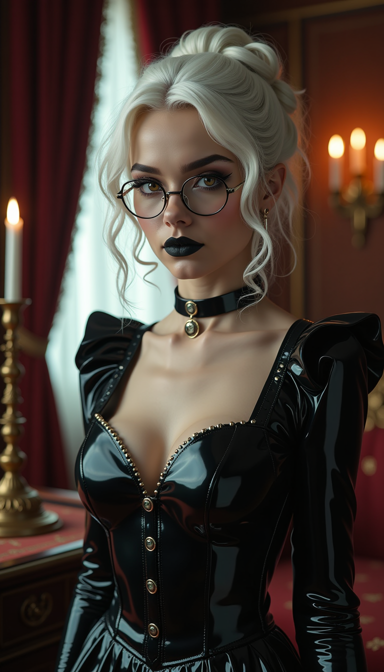 A striking 19-year-old with stark white hair cascading in delicate ringlets and curls from a small, neatly tied bun, framing her face with an ethereal elegance. She wears slim, round, wire-framed glasses that accentuate her piercing amber eyes, which seem to glow with an enigmatic intensity. Her attire is a glossy, shiny latex French maid's uniform, hugging her form with a sleek, reflective sheen that catches the light. A black leather collar encircles her neck, adding a bold, rebellious edge to her look. Her dark goth makeup is meticulously applied, with dramatic smoky eyes and flawless, shiny black painted lips that contrast sharply against her pale complexion. She stands confidently in an opulent Victorian parlour, surrounded by rich mahogany furniture, ornate golden candelabras, and heavy crimson drapes. The composition focuses on her as the central figure, captured from a slightly low angle to emphasize her commanding presence, with soft, diffused lighting casting subtle shadows across the room. The mood is dark and mysterious, with a late evening ambiance, faint candlelight flickering in the background, creating an atmosphere of gothic allure and intrigue. Rendered in a hyper-realistic style with a focus on intricate textures—glossy latex, soft hair curls, and the velvety depth of the parlour's decor—evoking the dramatic tension of a cinematic portrait.