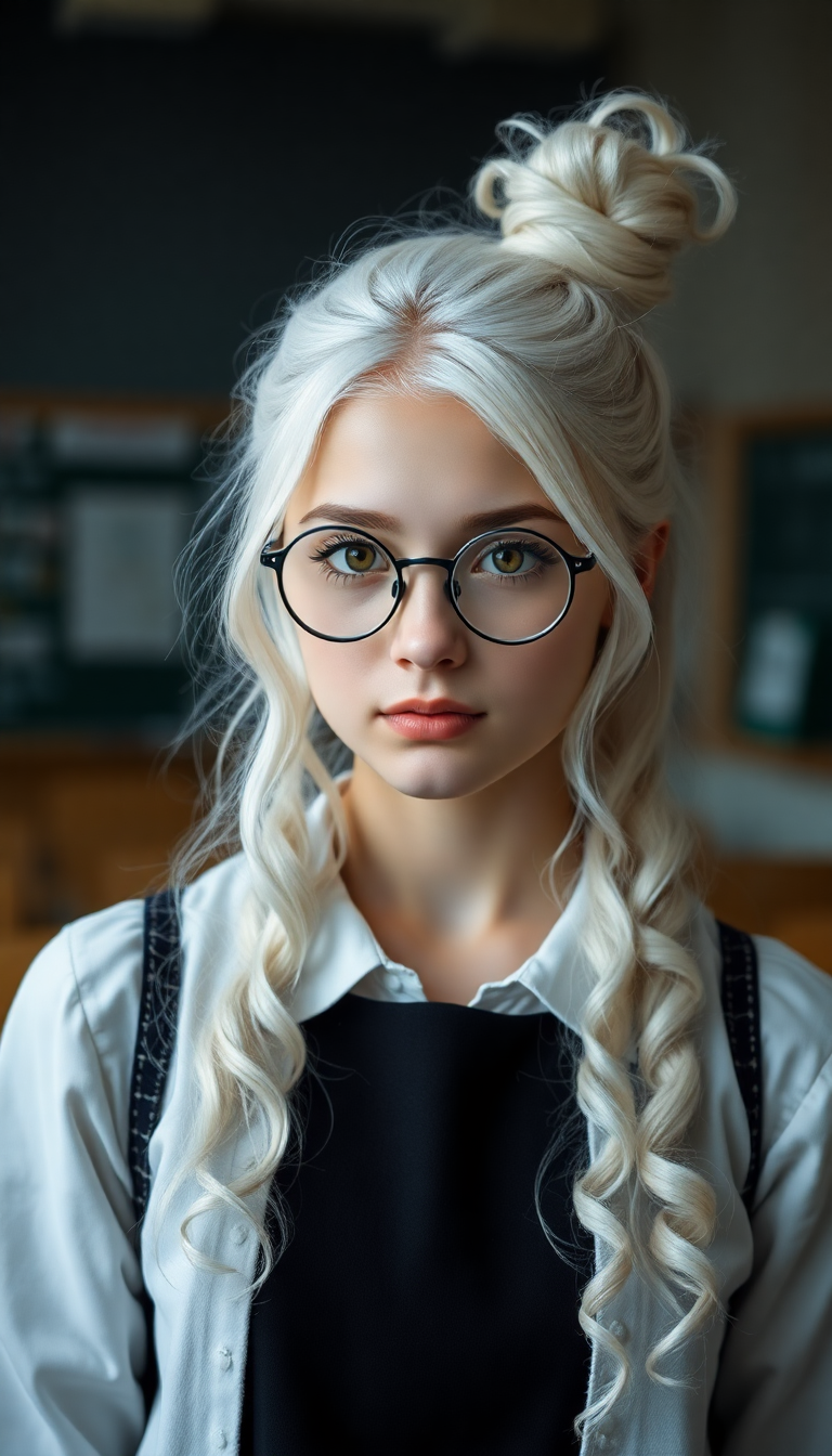 A striking 19-year-old with stark white hair cascading in delicate ringlets and curls from a small, neatly tied bun, framing her face with an ethereal elegance. She wears slim, round, wire-framed glasses that accentuate her piercing amber eyes, which seem to glow with an enigmatic intensity. Her attire is a catholic school girl's uniform. Standing in a college classroom