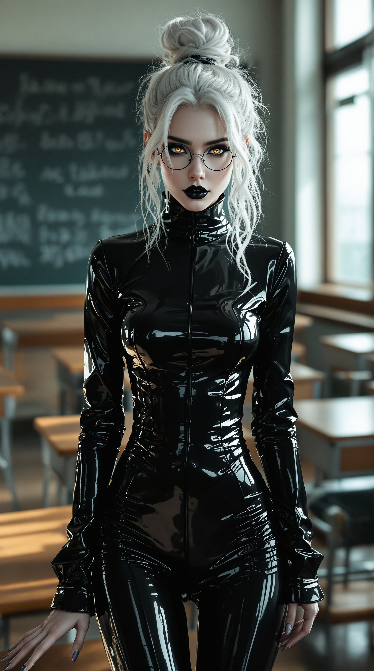 Example: A striking 19-year-old woman with stark white hair cascading in delicate