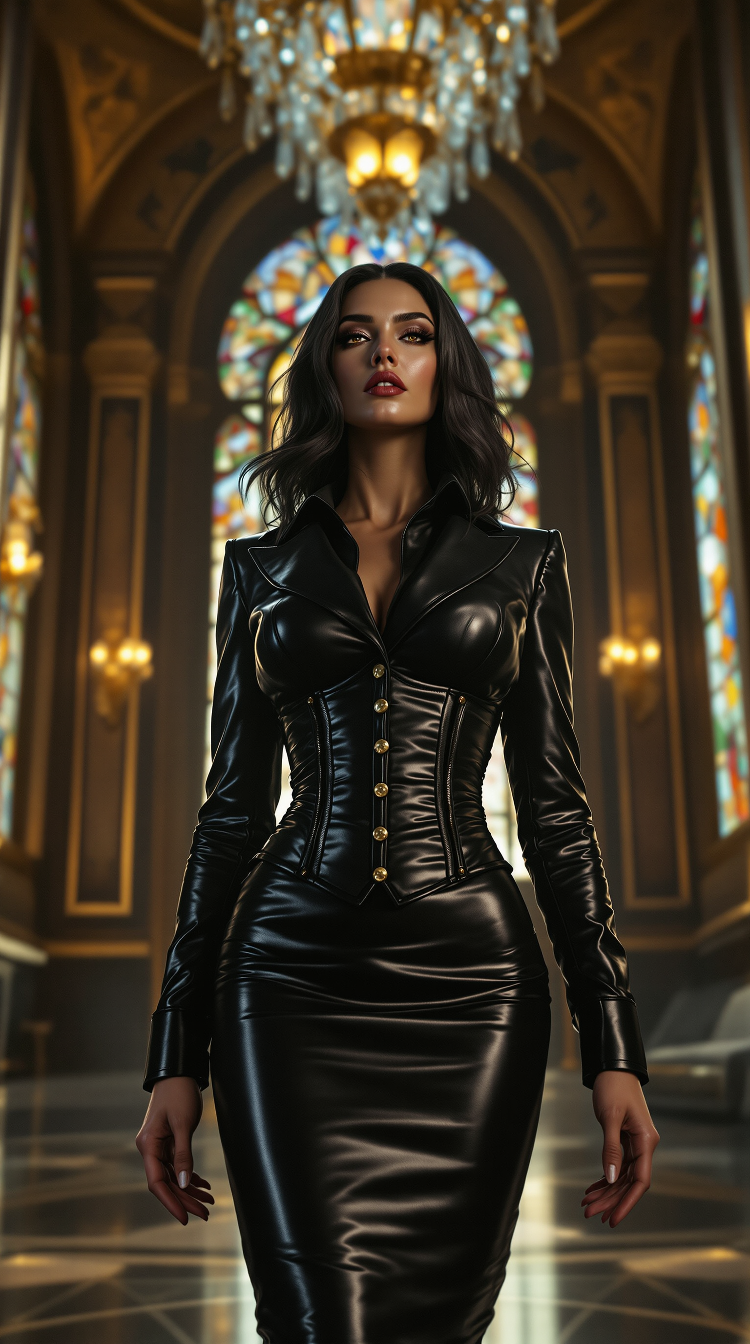 A strikingly powerful woman in her early 40s, her heavily muscled frame exuding raw strength and unshakable confidence, with an ethereal, vampire-like pallor to her skin that contrasts with her piercing amber eyes. Her dark, sleek hair cascades over her shoulders in glossy waves, framing her intense gaze. She wears a meticulously tailored black leather business jacket, its shiny surface catching the light with sharp, angular lines and subtle stitching details, paired with a luxurious black silk button-down dress shirt that shimmers softly, hinting at elegance beneath her commanding exterior. A black leather corset cinches her waist, accentuating her formidable presence, while a knee-length, skintight black leather pencil skirt clings to her sculpted physique, its glossy finish reflecting faint glimmers of light. She stands as the central, dominant figure in an opulent early 1900s hotel lobby, steeped in Art Nouveau grandeur—ornate gold leaf patterns adorn the walls, intricate stained glass windows cast vibrant hues across the scene, polished marble floors mirror the soft ambient glow, and vintage crystal chandeliers hang overhead, dripping with decadence. The composition is framed from a low-angle perspective, her towering figure tilting her head slightly with an air of authority, emphasizing her imposing stature against the lavish backdrop. The mood is sophisticated and enigmatic, bathed in warm, golden-hour lighting that streams through the windows, casting a regal yet mysterious atmosphere with dramatic interplay of light and shadow. Rendered in a hyper-realistic, cinematic style, the image captures the fine textures of leather and silk, the subtle sheen of fabrics, and a shallow depth of field that keeps her razor-sharp in focus while gently blurring the intricate background, enhancing her commanding presence in this timeless, elegant setting.