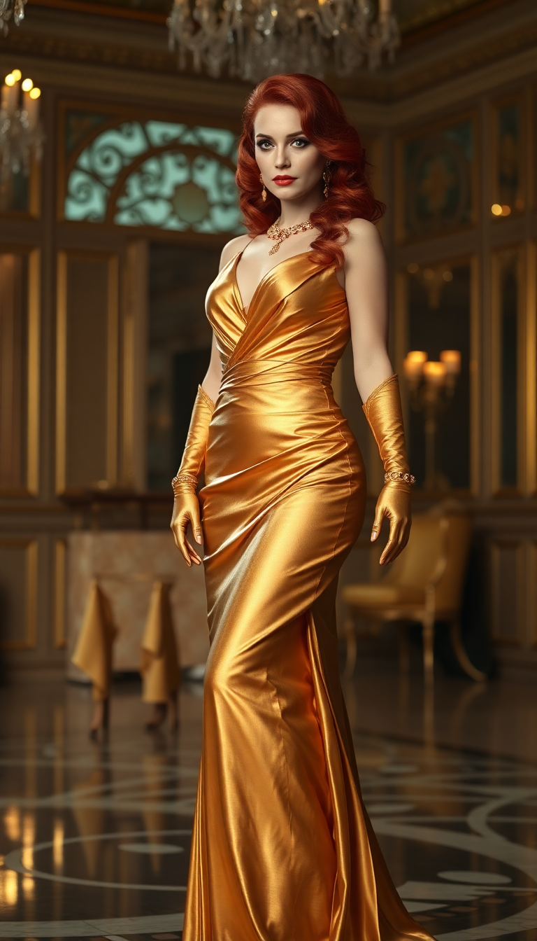 Crimson haired mid 40s vampire queen, amber eyes, her crimson hair drops to her waist in curls and waves. Dressed in an elegant shimmering gold silk evening gown.  Gold 6" heeled shoes. Long shimmering gold silk opera gloves. Standing in an elegant ballroom. Her neck, wrists and ears decorated with rubies and gold