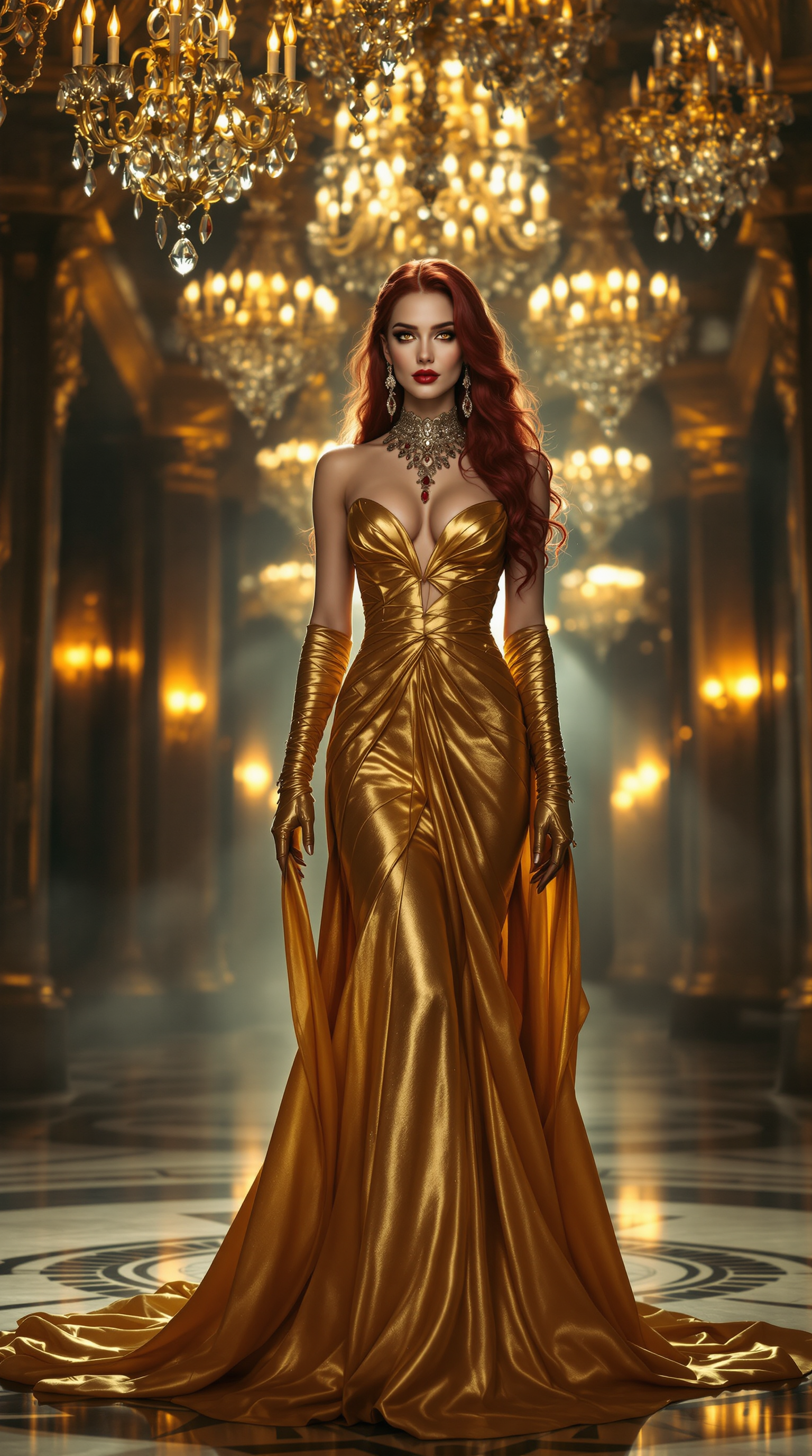 A striking vampire queen in her mid-40s, with cascading crimson hair falling to her waist in luxurious curls and waves, her piercing amber eyes glowing with an otherworldly intensity. She is adorned in an elegant, shimmering gold silk evening gown that clings to her regal form, the fabric catching the light with every subtle movement. Her feet are graced by towering 6-inch gold heeled shoes, adding to her commanding presence, while long, shimmering gold silk opera gloves extend gracefully up her arms. Her neck, wrists, and ears are lavishly decorated with intricate ruby and gold jewelry, the deep red gems contrasting beautifully with her pale, flawless skin. She stands confidently in the center of an opulent ballroom, surrounded by grand crystal chandeliers casting a warm, golden glow, and intricate marble floors reflecting the soft light. The atmosphere is enchanting yet haunting, with a faint mist lingering in the air, evoking a sense of timeless mystery. The composition focuses on her as the central figure, captured from a low angle to emphasize her dominance and elegance, framed by the ornate ballroom architecture in the background. The style is inspired by Gothic Romanticism, with dramatic lighting and rich, saturated colors, blending the allure of classical portraiture with a cinematic, ethereal quality. The mood is both majestic and slightly foreboding, set during the late evening, with shadows playing across the scene to enhance depth and intrigue.