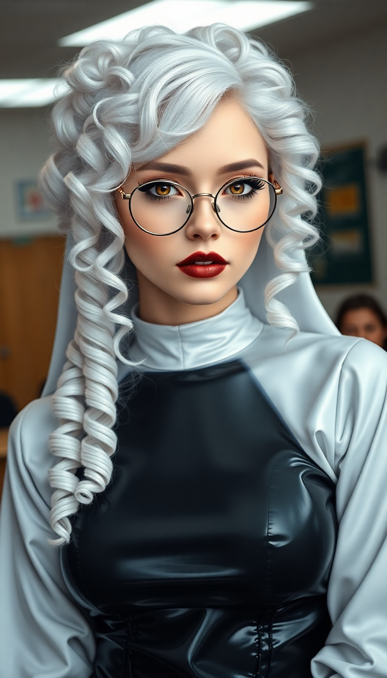 A breathtaking full-body portrait of a 29-year-old woman exuding an ethereal, otherworldly presence, captured in a traditional college classroom. Her stark white hair cascades in delicate, intricate ringlets and curls, flowing from a small, neatly tied bun at the crown of her head, framing her face with an angelic yet haunting elegance, each strand rendered with hyper-detailed texture. Her pale, porcelain skin glows with a soft, luminescent sheen, contrasting vividly with bold gothic makeup: dark, smoky eyeshadow seamlessly blended into thick, dramatic winged eyeliner that sharpens the piercing intensity of her amber eyes, shimmering with supernatural, enigmatic depth. Her glossy, shiny black lips catch subtle highlights, adding a striking, rebellious edge. Slim, round, wire-framed glasses rest delicately on her nose, their thin metal glinting faintly, amplifying the allure of her gaze. She wears a sleek, skintight shiny latex nun's habit with a corset. the form-fitting fabric reflecting sharp, mirror-like highlights, with crisp, meticulously pleated details emphasizing its polished, futuristic texture. Surrounding her are aged wooden desks etched with faint scratches and worn edges, and chalkboards bearing ghostly traces of complex equations, grounding the scene in a nostalgic yet eerie setting. Soft, diffused natural light pours through large, arched windows, casting gentle beams and subtle shadows, creating a serene yet haunting atmosphere on a cool, overcast afternoon. The composition is framed from a slight low angle, accentuating her statuesque, powerful presence as she stands centrally, one hand resting lightly on a desk, fingers slightly splayed to convey quiet strength and confidence. The mood blends haunting allure with rebellious mystery, bathed in muted, silvery light that enhances the cinematic tension. The style fuses dark gothic aesthetic with high-fashion editorial photography, showcasing hyper-detailed textures in her cascading hair, intricate makeup, and reflective outfit, rendered in a high-contrast finish with razor-sharp clarity, dramatic chiaroscuro lighting, and a shallow depth of field that isolates her in pristine focus against a softly blurred, atmospheric background.