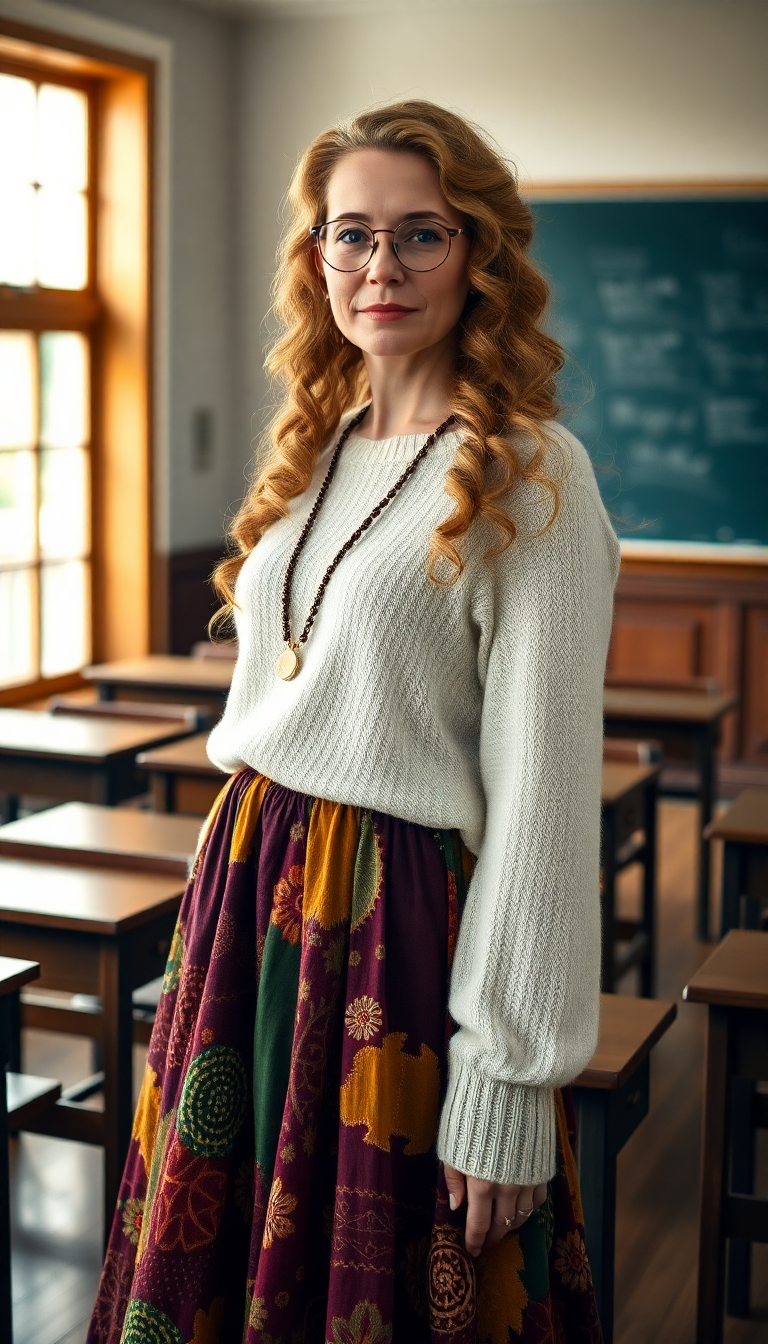 A breathtaking full-body portrait of a 59-year-old mature woman, standing gracefully in a traditional college classroom filled with wooden desks and a chalkboard in the background. Her dirty blonde hair cascades in delicate, intricate ringlets and curls, flowing down her back and framing her face with an angelic yet haunting elegance, each strand rendered with hyper-detailed texture, catching the soft, natural light streaming through large windows. She wears a vibrant gypsy-style skirt adorned with a patchwork of rich, earthy colors—deep burgundy, forest green, and golden ochre—flowing with a bohemian flair, paired with a soft white cashmere sweater that clings gently to her form, exuding warmth and sophistication. Slim, round wire-framed glasses rest on her nose, adding an intellectual charm to her enigmatic expression. The composition centers her in the frame, standing slightly off to one side, with a three-quarter view that highlights her poised posture and the intricate details of her attire, captured from a low camera angle to emphasize her commanding presence. The mood is nostalgic and serene, with a late afternoon ambiance, golden hour light casting warm, diffused glows and soft shadows across the scene, evoking a timeless, introspective atmosphere. The style is hyper-realistic with elements of classical portraiture, inspired by the works of John Singer Sargent, focusing on photorealistic textures, fine details in fabric and hair, and a painterly depth of field with a subtle bokeh effect in the background.