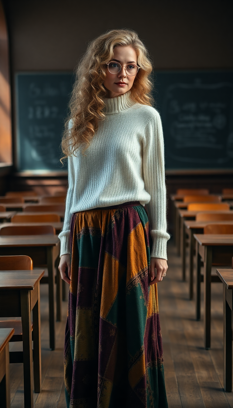 A breathtaking full-body portrait of a 59-year-old mature woman, standing with graceful poise in a traditional college classroom, surrounded by rows of polished wooden desks and a weathered chalkboard in the background, adorned with faint traces of chalk dust. Her dirty blonde hair cascades in delicate, intricate ringlets and curls, flowing down her back and framing her face with an angelic yet haunting elegance, each strand rendered with hyper-detailed texture, shimmering as it catches the soft, natural light streaming through tall, arched windows. She wears a vibrant gypsy-style skirt, a patchwork of rich, earthy tones—deep burgundy, forest green, and golden ochre—flowing with bohemian fluidity, the fabric's intricate patterns and subtle wear adding depth and character, paired with a soft white cashmere sweater that gently clings to her form, exuding warmth and refined sophistication. Slim, round wire-framed glasses rest delicately on her nose, enhancing her intellectual charm and complementing her enigmatic, thoughtful expression. In her hands, she cradles an oily iridescent black crystal pyramid, its surface gleaming with mesmerizing, shifting hues of violet, indigo, and emerald under the light, its sharp edges and mysterious aura adding an element of intrigue to the scene.

The composition centers her slightly off to one side of the frame, captured in a three-quarter view that accentuates her poised posture and the intricate details of her attire, shot from a low camera angle to emphasize her commanding yet approachable presence. The classroom behind her fades into a gentle blur, with desks and chalkboard details softened by a painterly depth of field and subtle bokeh effect, drawing focus to her figure. The mood is nostalgic and serene, bathed in the warm, diffused glow of late afternoon golden hour light, casting long, soft shadows across the wooden floor and highlighting the textures of her clothing and hair with a luminous, ethereal quality. The atmosphere evokes a timeless, introspective feeling, as if frozen in a quiet moment of reflection.

The style is hyper-realistic with influences of classical portraiture, inspired by the masterful works of John Singer Sargent, emphasizing photorealistic textures in the fabric folds, the intricate curls of her hair, and the reflective sheen of the crystal pyramid. The image showcases fine attention to detail, with a painterly rendering of light and shadow, a rich color palette, and a balanced interplay of sharp foreground focus against a dreamy, softly blurred background, creating a captivating and emotionally resonant portrait.