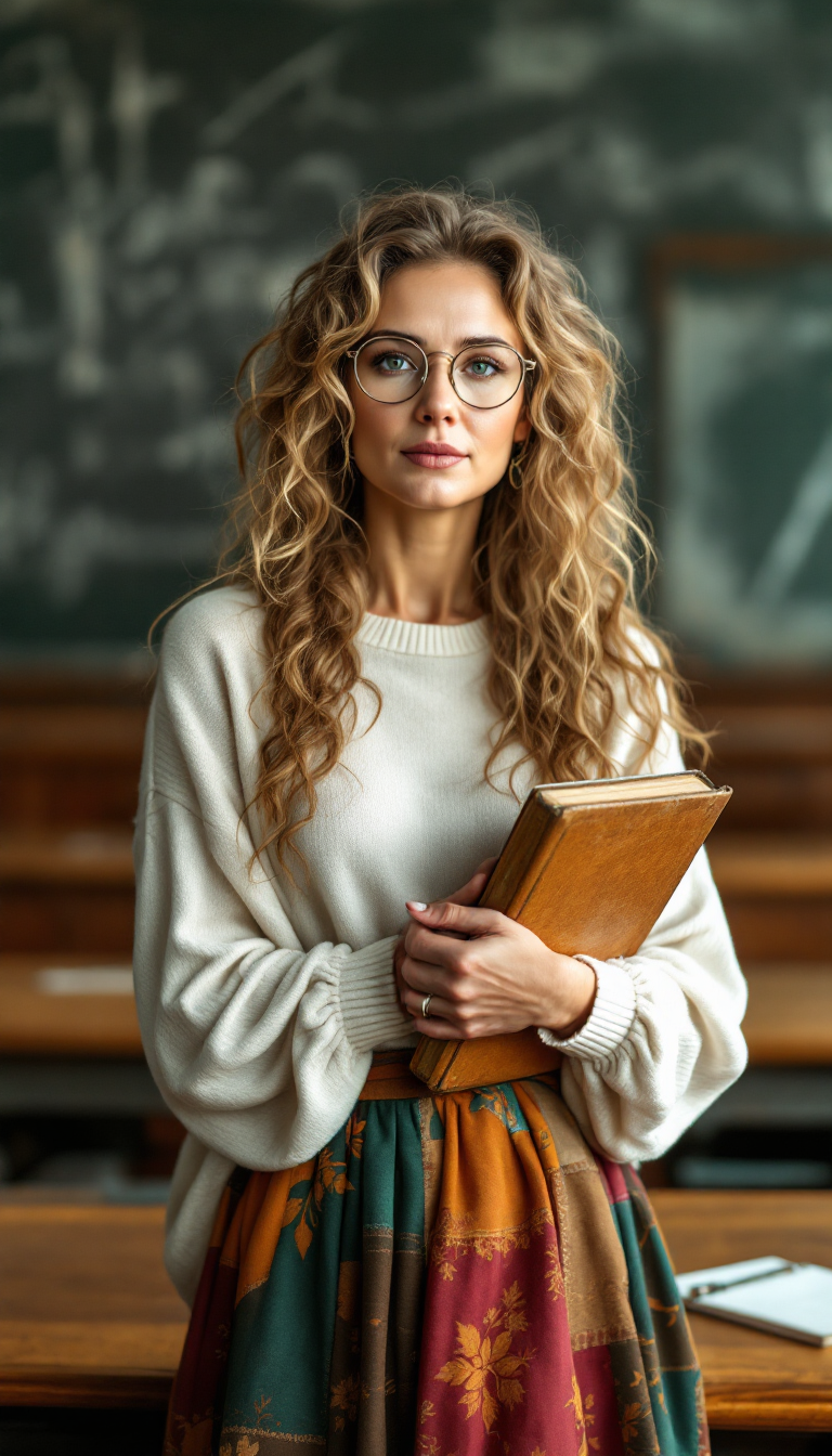 59-year-old mature woman, standing with graceful poise in a traditional college classroom, surrounded by rows of polished wooden desks and a weathered chalkboard in the background, adorned with faint traces of chalk dust. Her dirty blonde hair cascades in delicate, intricate ringlets and curls, flowing down her back and framing her face with an angelic yet haunting elegance, each strand rendered with hyper-detailed texture, shimmering as it catches the soft, natural light streaming through tall, arched windows. She wears a vibrant gypsy-style skirt, a patchwork of rich, earthy tones—deep burgundy, forest green, and golden ochre—flowing with bohemian fluidity, the fabric's intricate patterns and subtle wear adding depth and character, paired with a soft white cashmere sweater that gently clings to her form, exuding warmth and refined sophistication. Slim, round wire-framed glasses rest delicately on her nose, enhancing her intellectual charm and complementing her enigmatic, thoughtful expression. In her hands, she cradles an oily iridescent black crystal pyramid, its surface gleaming with mesmerizing, shifting hues of violet, indigo, and emerald under the light, its sharp edges and mysterious aura adding an element of intrigue to the scene.

The composition centers her slightly off to one side of the frame, captured in a three-quarter view that accentuates her poised posture and the intricate details of her attire, shot from a low camera angle to emphasize her commanding yet approachable presence. The classroom behind her fades into a gentle blur, with desks and chalkboard details softened by a painterly depth of field and subtle bokeh effect, drawing focus to her figure. The mood is nostalgic and serene, bathed in the warm, diffused glow of late afternoon golden hour light, casting long, soft shadows across the wooden floor and highlighting the textures of her clothing and hair with a luminous, ethereal quality. The atmosphere evokes a timeless, introspective feeling, as if frozen in a quiet moment of reflection.

The style is hyper-realistic with influences of classical portraiture, inspired by the masterful works of John Singer Sargent, emphasizing photorealistic textures in the fabric folds, the intricate curls of her hair, and the reflective sheen of the crystal pyramid. The image showcases fine attention to detail, with a painterly rendering of light and shadow, a rich color palette, and a balanced interplay of sharp foreground focus against a dreamy, softly blurred background, creating a captivating and emotionally resonant portrait.
