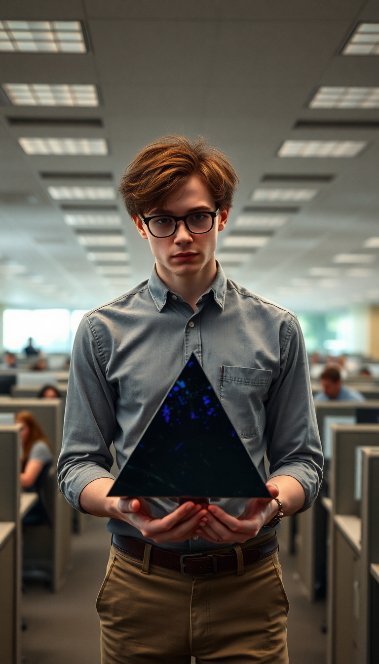 Late 20s, slim, pretty man. Effeminate  with dark auburn hair messy and shaggy. Thick glasses and freckles. Wearing a button down dress shirt and khakis. Standing in a large office filled with cubicles populated by people. Sad looking. Holding a iridescent black crystal pyramid