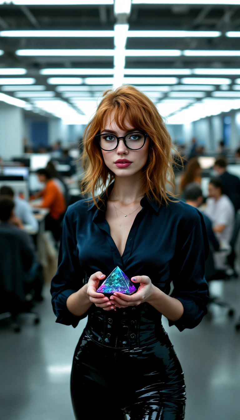 A strikingly beautiful woman in her early 20s, slim and exuding feminine charm, stands as the central figure in a bustling office environment. Her fair skin is delicately sprinkled with freckles across her cheeks and nose, complementing her thick, messy waist-length red hair that falls in soft, untamed waves. Her expressive eyes, framed by thick, slightly oversized glasses, add a quirky sophistication to her appearance. She wears a tailored dark blue silk long sleeved blouse under a shiny latex corset and shiny black latex pants, both fitting her slender frame with precision. In her delicate hands, she holds a small, iridescent black crystal pyramid, its surface shimmering with subtle hues of violet and green, catching the cool, fluorescent office lighting in mesmerizing reflections. Surrounding her is a large, chaotic corporate office filled with rows of cubicles, each occupied by busy workers typing furiously or engaged in muted conversations, creating an atmosphere of mundane routine. The composition is framed from a slightly low camera angle, emphasizing her melancholic expression and the weight of her sadness, with her face displaying a poignant, wistful look—downturned lips and distant eyes that contrast sharply with the indifferent energy of the office around her. The lighting is cool and artificial, casting soft shadows across her features, while the atmosphere feels heavy with quiet, introspective sorrow. The style is photorealistic, with a cinematic depth of field—sharp focus on the woman and the crystal pyramid, while the background cubicles and workers blur slightly, mimicking the effect of a professional portrait lens with a shallow depth of field. Textures are meticulously detailed, from the glossy sheen of her latex outfit to the subtle imperfections of her freckled skin and the reflective facets of the crystal. The overall mood is somber and isolated, evoking a profound sense of disconnection amidst the crowded, impersonal space, with a color palette dominated by cool blues and grays, punctuated by the warm tones of her red hair and the mystical shimmer of the pyramid.