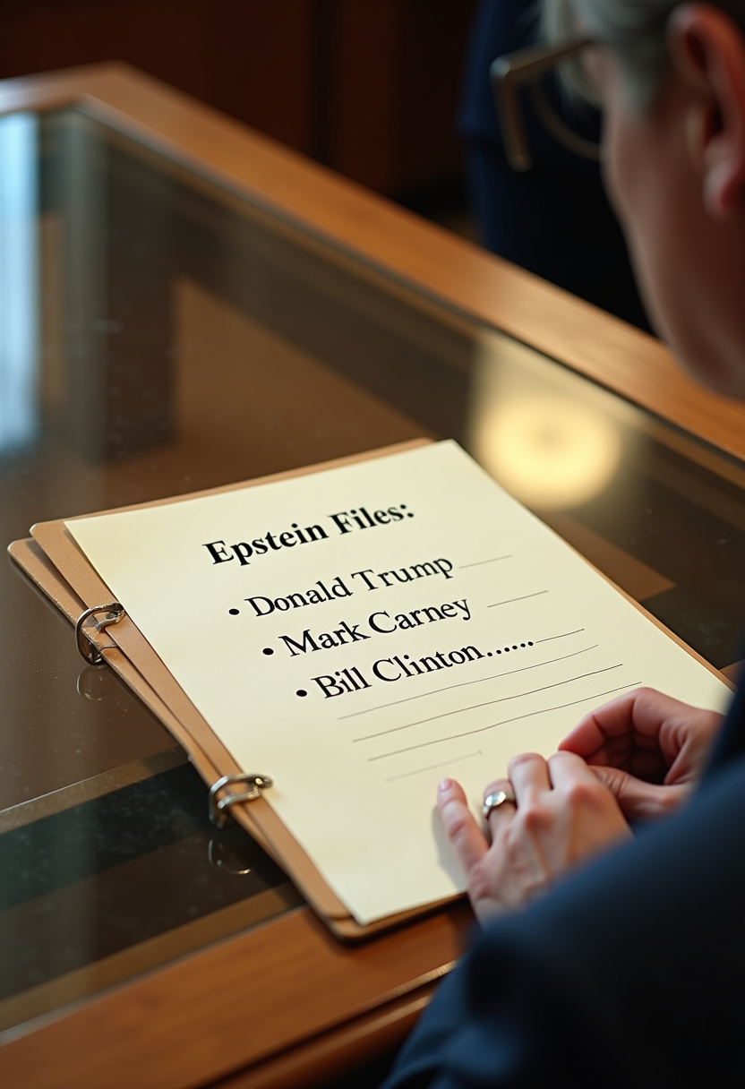 looking at a file that is slightly open sitting on a oak and glass wooden desk showing names "Epstein Files: - Donald Trump - Mark Carney - Bill Clinton...." sans serif fonts Shot with a Canon EF 400mm f/2.8 lens on a Canon 1DX Mark III, every detail is captured in razor-sharp focus
