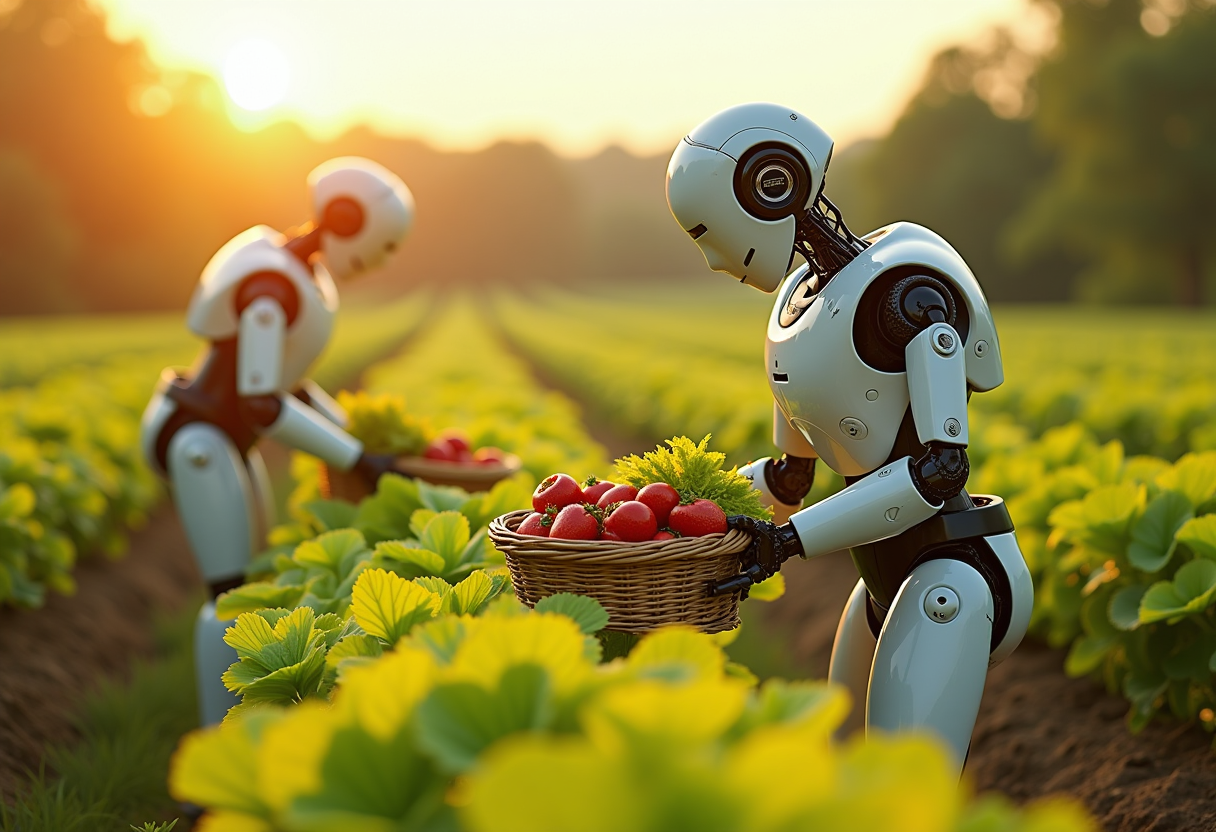 Create an image of a robots in the fields picking strawberries, lettuce or tomatoes, bending over in the hot sun, with baskets of food

Shot with a Canon EF 400mm f/2.8 lens on a Canon 1DX Mark III, every detail is captured in razor-sharp focus