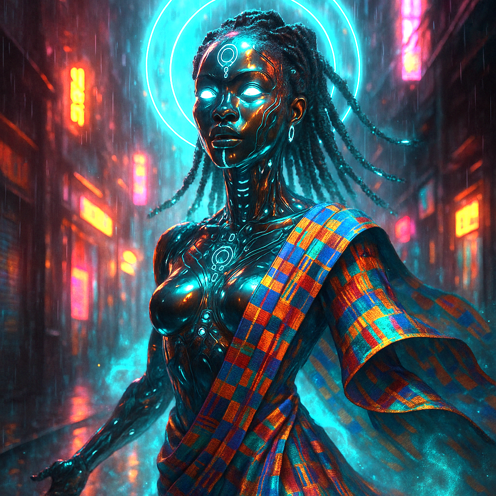 cyber ancestry, futuristic Yoruba goddess reimagined as biomechanical spirit, hovering in neon-lit rainy alley, skin of liquid obsidian, eyes glowing like pulsars, digital kente cloth flowing, reflections of chrome facial symbols, afro-futurism meets cyberpunk spirituality, braided hair with nanowire strands, glowing mist and neon halos, aspect ratio 2:3