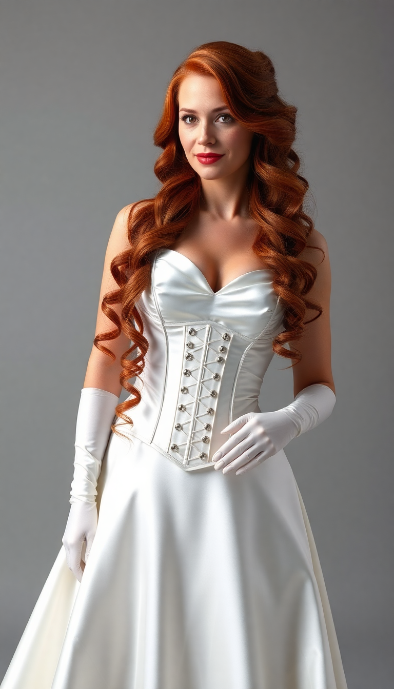 Mid 30s mature woman, long red hair done in elegant waves and ringlets, dressed in a floor length shiny white satin evening gown and corset.  Elbow length white satin opera gloves. 
