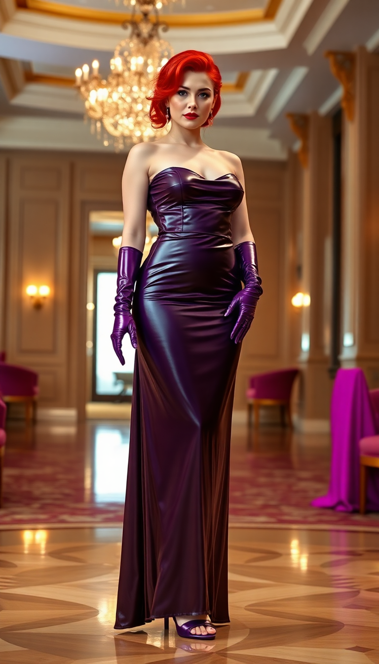 Tall, bright red haired woman. Mid 20s. Sharp features. Full figured. Dressed in a shiny purple latex evening gown inspired by Roman gowns and shiny purple latex opera gloves. She wears high heeled gladiator style shoes. Standing in an elegant hotel ballroom 