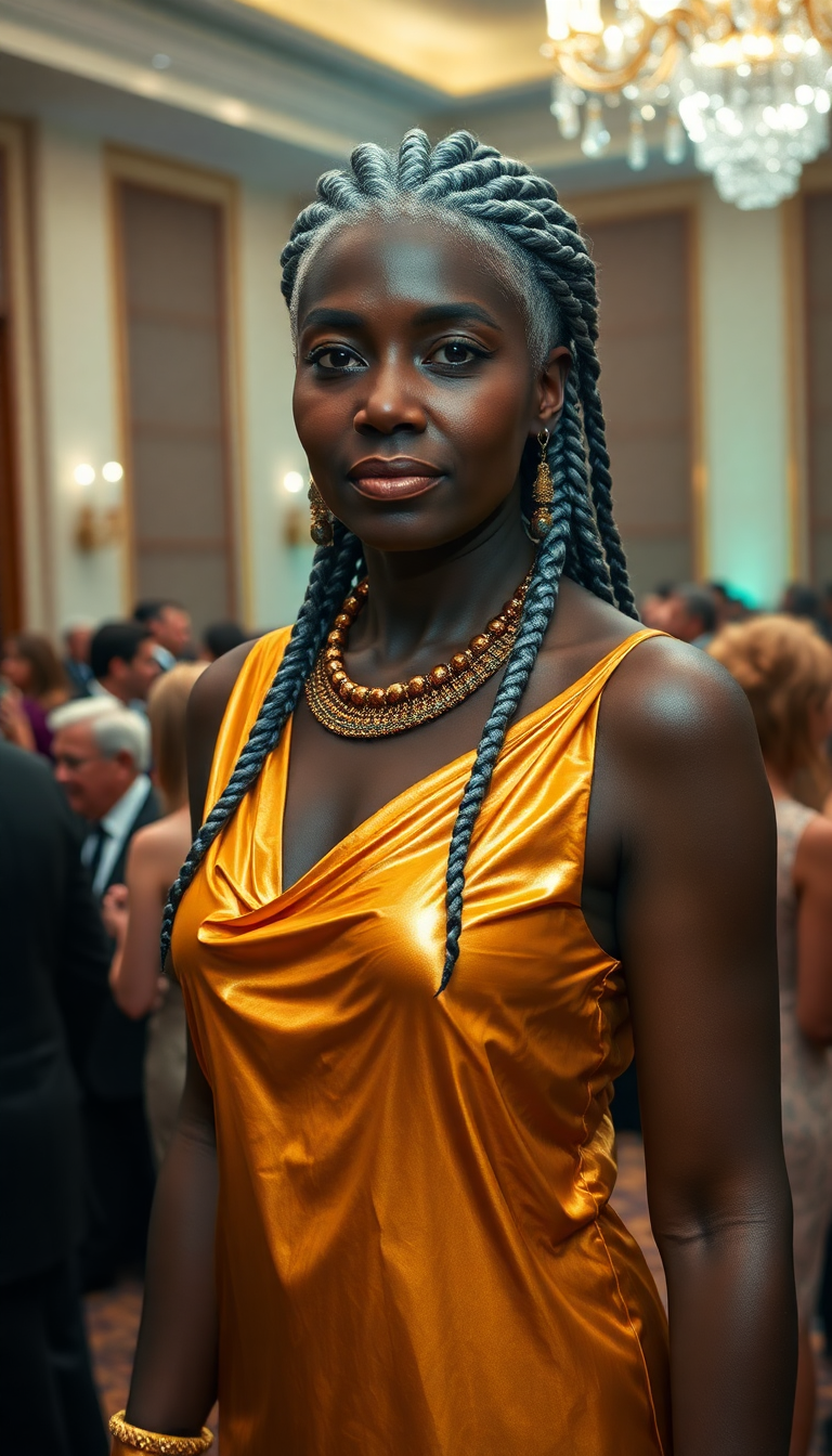 Stern looking mid 50s dark skinned Nubian woman, wearing an ancient Style shiny gold latex Egyptian dress. Her mane of shiny grey hair is set in small braids that fall down her back. Standing in an elegant hotel ballroom populated by many other elegantly dressed partiers.