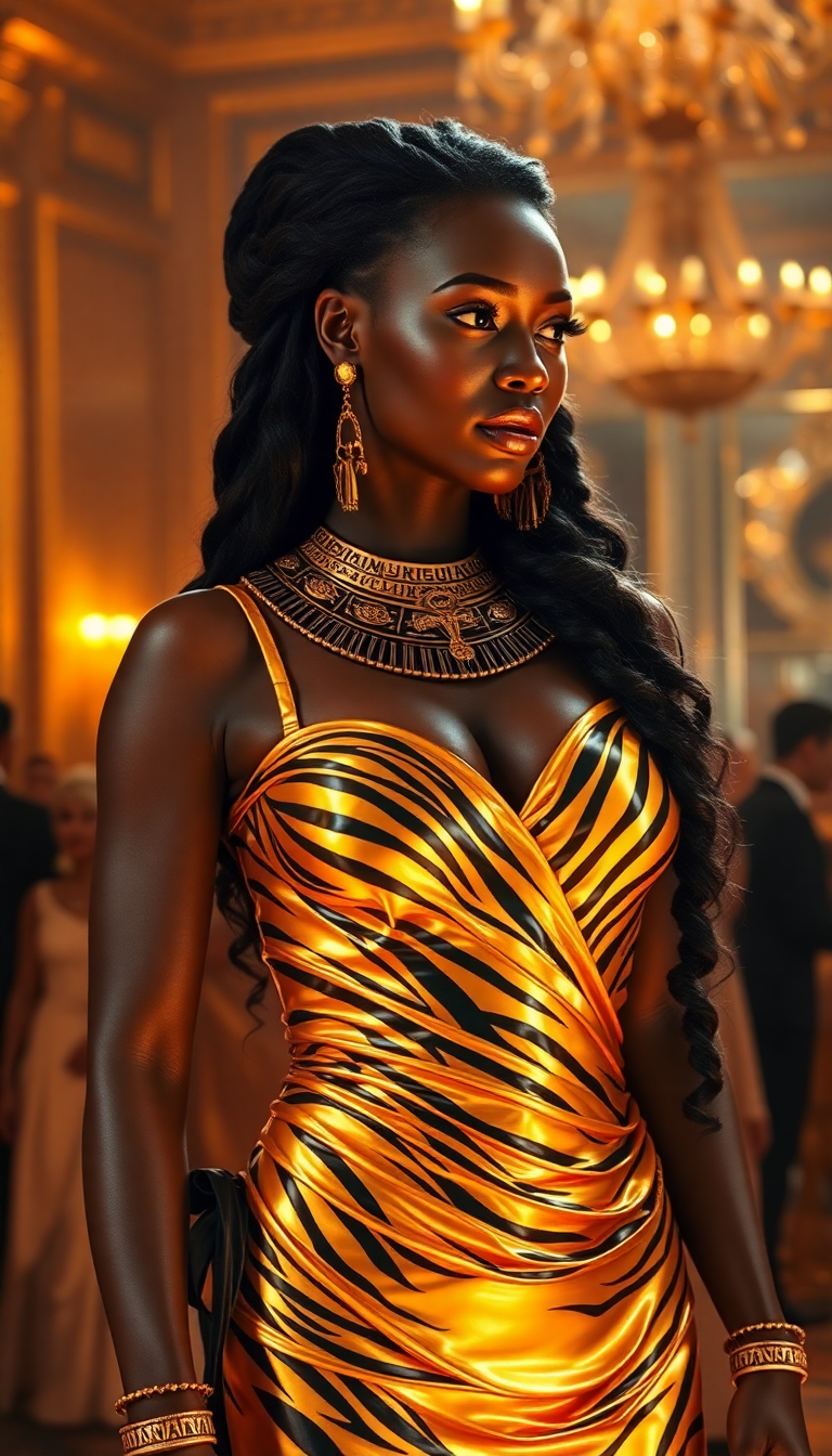 A commanding Nubian woman in her mid-40s stands as the regal centerpiece of a lavish scene, her rich, dark skin glowing with a warm, radiant sheen under the golden, ambient lighting of a grand ballroom. She exudes unyielding power and elegance, adorned in a striking gold and black tiger striped latex corseted evening gown with intricate, crisscrossing straps, paired with matching long gloves. The glossy, futuristic material reflects light with a mirror-like sheen, contrasting beautifully with the classical draped design that accentuates her statuesque, powerful form. Her shimmering black hair cascades down her back, catching the light with a faint metallic glint, while elegant Egyptian-themed jewelry adorns her: a wide, ornate gold collar necklace engraved with hieroglyphics, dangling ankh earrings, and stacked bangles that gleam against her skin. Her lips, nails, and eye makeup shimmer in gold, lending a divine, otherworldly aura to her commanding presence.

She stands with an air of authority in an opulent hotel ballroom, a space brimming with intricate details: sparkling crystal chandeliers casting a warm, amber glow, polished marble floors reflecting soft light, and towering arched windows framed by heavy velvet curtains in deep burgundy. The room hums with elegantly dressed partygoers in luxurious gowns of satin and silk and tailored suits, mingling with champagne flutes in hand, their soft laughter and murmurs creating a lively yet refined atmosphere. The composition is framed from a low-angle perspective, emphasizing her dominance and towering presence, with the woman positioned slightly off-center as the undeniable focal point. The bustling crowd forms a dynamic, softly blurred background, enhancing her prominence through a shallow depth of field.

The mood is sophisticated and regal, set during a glamorous evening event, with warm, cinematic lighting enriching a palette of gold, ruby, and emerald jewel tones. Rendered in a hyper-realistic style with cinematic precision, inspired by the dramatic chiaroscuro of Baroque portraiture, the image captures intricate textures—glossy latex reflecting light with sharp highlights, shimmering white hair with delicate metallic glints, and luxurious fabrics with subtle folds and creases. The woman's piercing gaze and meticulously detailed attire command attention, while the dreamy, blurred elegance of the ballroom creates a captivating contrast. The overall atmosphere blends timeless grandeur with futuristic opulence, evoking a sense of unyielding authority and divine sophistication.
