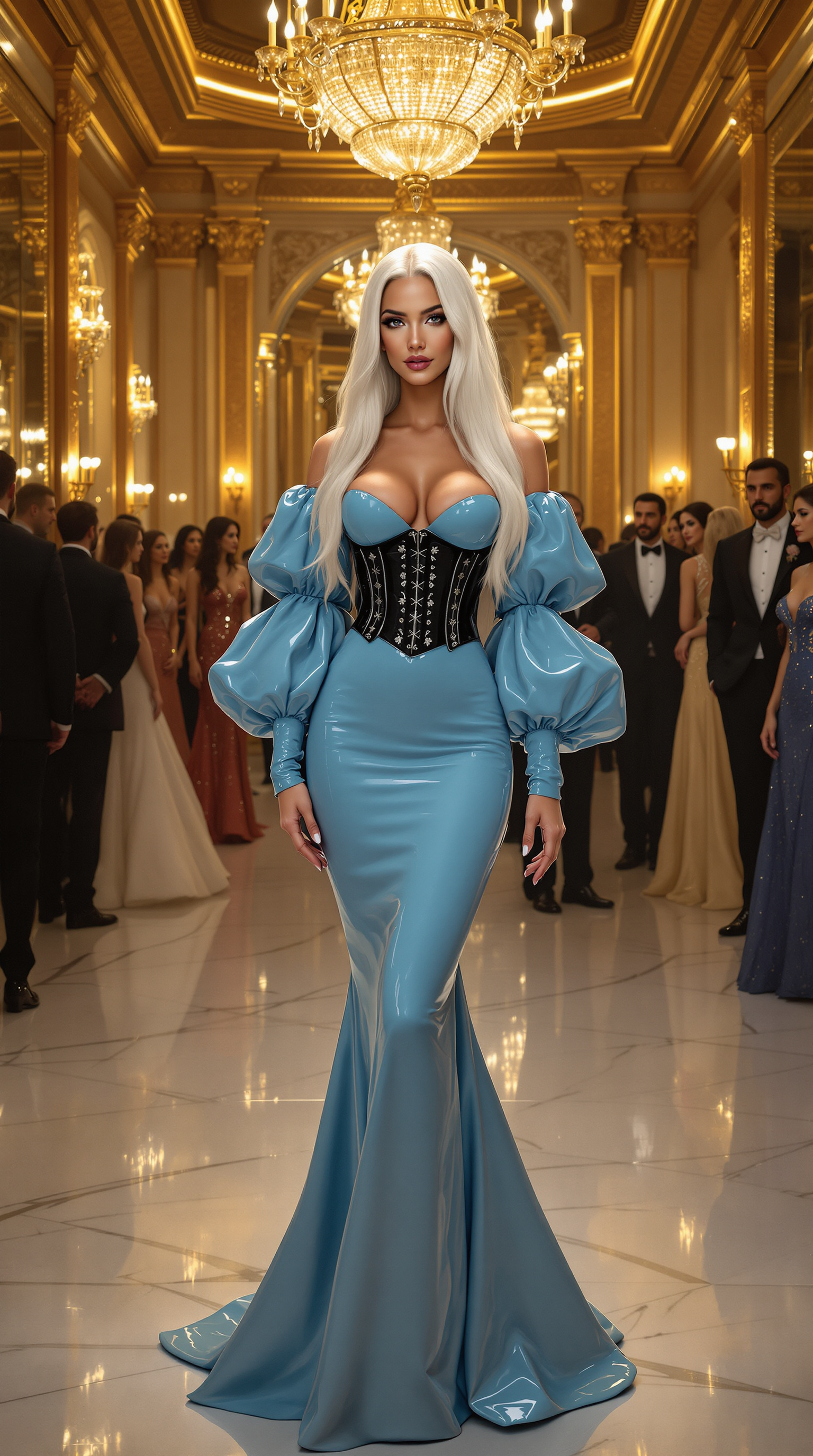 A stunning 19-year-old woman with long, flowing white hair cascading down her shoulders, her slim figure accentuated by a tightly cinched black latex corset. She wears a floor-length, sky blue shiny latex evening gown with dramatic puffy sleeves that catch the light with a glossy sheen. The scene is set in an opulent hotel ballroom, adorned with crystal chandeliers casting a warm golden glow, intricate gilded detailing on the walls, and polished marble floors reflecting the elegance of the setting. She stands confidently in the center of the composition, slightly angled to the side, with a poised and graceful posture, as if captured mid-conversation. Surrounding her are numerous elegantly dressed partygoers in luxurious gowns and tailored suits, their muted jewel tones and soft metallics creating a harmonious backdrop. The camera angle is slightly low, emphasizing her commanding presence, with a shallow depth of field to softly blur the background figures. The mood is sophisticated and enchanting, evoking a sense of timeless glamour, with the atmosphere of a grand evening gala under warm, ambient lighting. Rendered in a hyper-realistic digital painting style, with meticulous attention to the reflective textures of latex, the intricate folds of fabric, and the interplay of light and shadow across the scene.