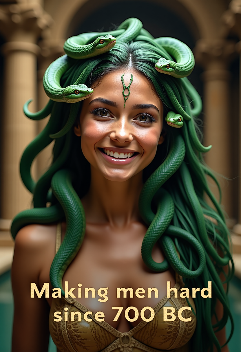 text below that reads "Making men hard since 700 BC", below the figure in gold.  A realistic photograph poster depicting a mythical Medusa with an attractive female face and lots of green serpentines snakes in her hair, smiling confidently. The background is a mythological cave with pillars, emphasizing her features. Shot with a Canon EF 400mm f/2.8 lens on a Canon 1DX Mark III, every detail is captured in razor-sharp focus