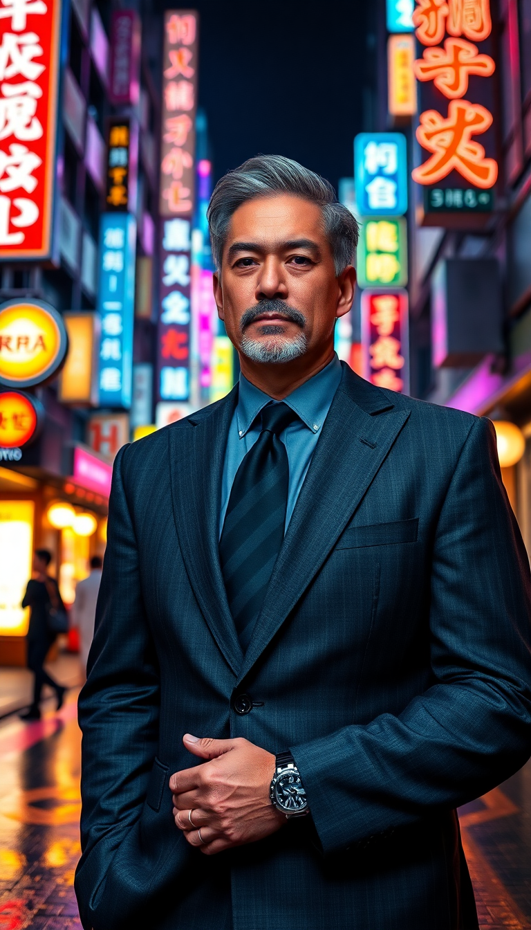 A mid-60s athletic Japanese man, exuding confidence and sophistication, standing on a vibrant neon-lit street in Tokyo at night. He wears a meticulously tailored, expensive dark grey business suit, the fabric smooth with a subtle sheen, accentuating his strong build. His well-trimmed dark hair is streaked with distinguished grey, neatly styled, and his face is adorned with a neatly groomed, greying Van Dyke beard and mustache, adding a refined yet rugged charm. Visible on his neck and hands are intricate, brightly colored oriental dragon tattoos, their vivid reds, greens, and golds contrasting sharply with his formal attire, hinting at a hidden rebellious spirit. The bustling Tokyo street around him is alive with glowing neon signs in electric blues, pinks, and purples, reflecting off wet pavement after a recent rain. The composition focuses on the man as the central figure, captured from a low-angle perspective to emphasize his commanding presence, with the chaotic energy of the city framing him in the background. The mood is a blend of mystery and urban grit, with a cinematic atmosphere enhanced by dramatic lighting—neon glows casting soft highlights on his face and suit, while deep shadows add depth and intrigue. The style is hyper-realistic with a touch of cyberpunk aesthetic, reminiscent of a high-definition film still, emphasizing sharp details, dynamic contrasts, and a glossy, wet urban texture.
