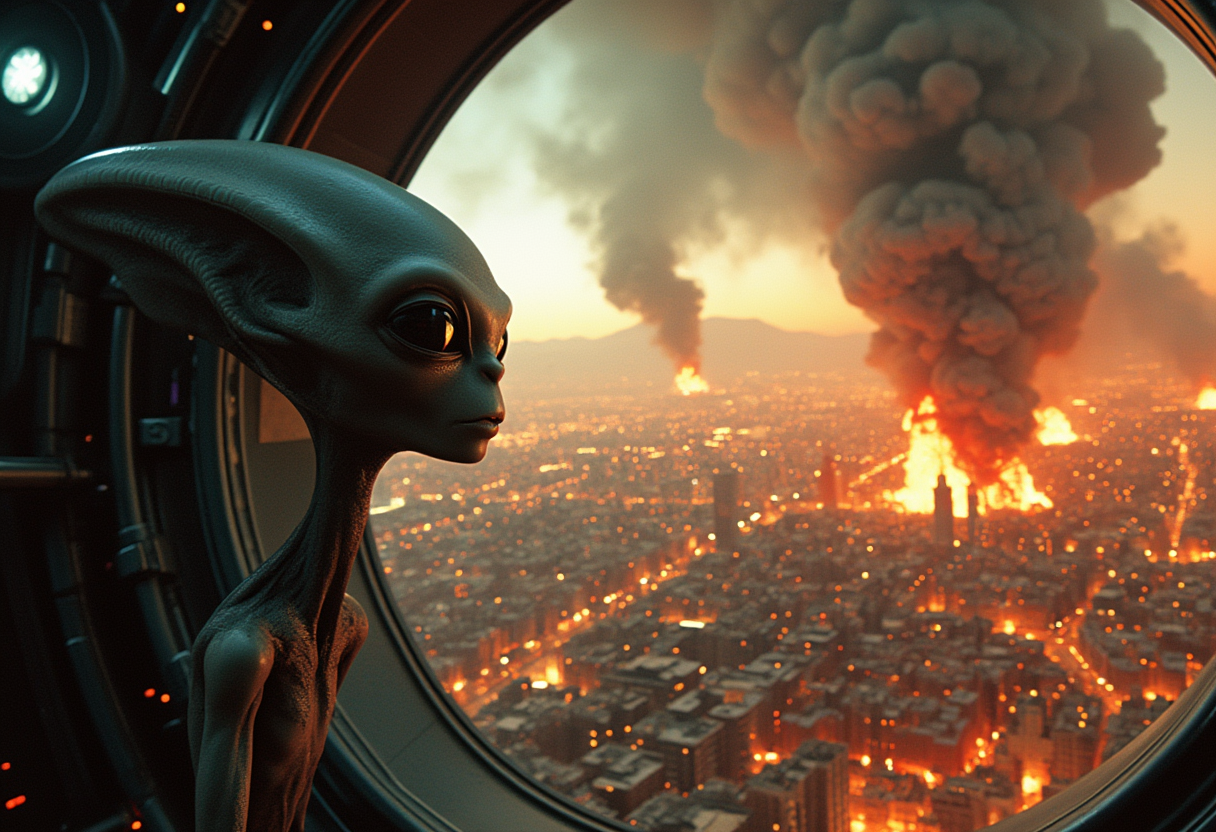 Create an image of an alien inside a futuristic spaceship, hovering just outside Earth's atmosphere. The alien, with large, curious eyes and a sleek, silver-grey complexion, gazes out through a transparent viewport at a chaotic scene below. Below the spaceship, the sprawling metropolis of Los Angeles is engulfed in flames, with billows of smoke rising and scattered fires illuminating the night sky. The city streets are filled with rioting and chaos, with buildings ablaze and people scrambling in desperation.

The alien, with a mix of curiosity and disdain on its face, mutters to itself in its own alien language text on the bottom that reads: "Bypass, Earthlings are animals." sans serif font

The spaceship should be depicted with advanced, glowing technology and a sleek, otherworldly design. The Earth should appear both vibrant and ominous, contrasting the advanced alien technology with the primitive chaos unfolding on the planet's surface. The scene should evoke a sense of alien observation and detachment, emphasizing the stark contrast between Earth's turmoil and the alien's advanced civilization